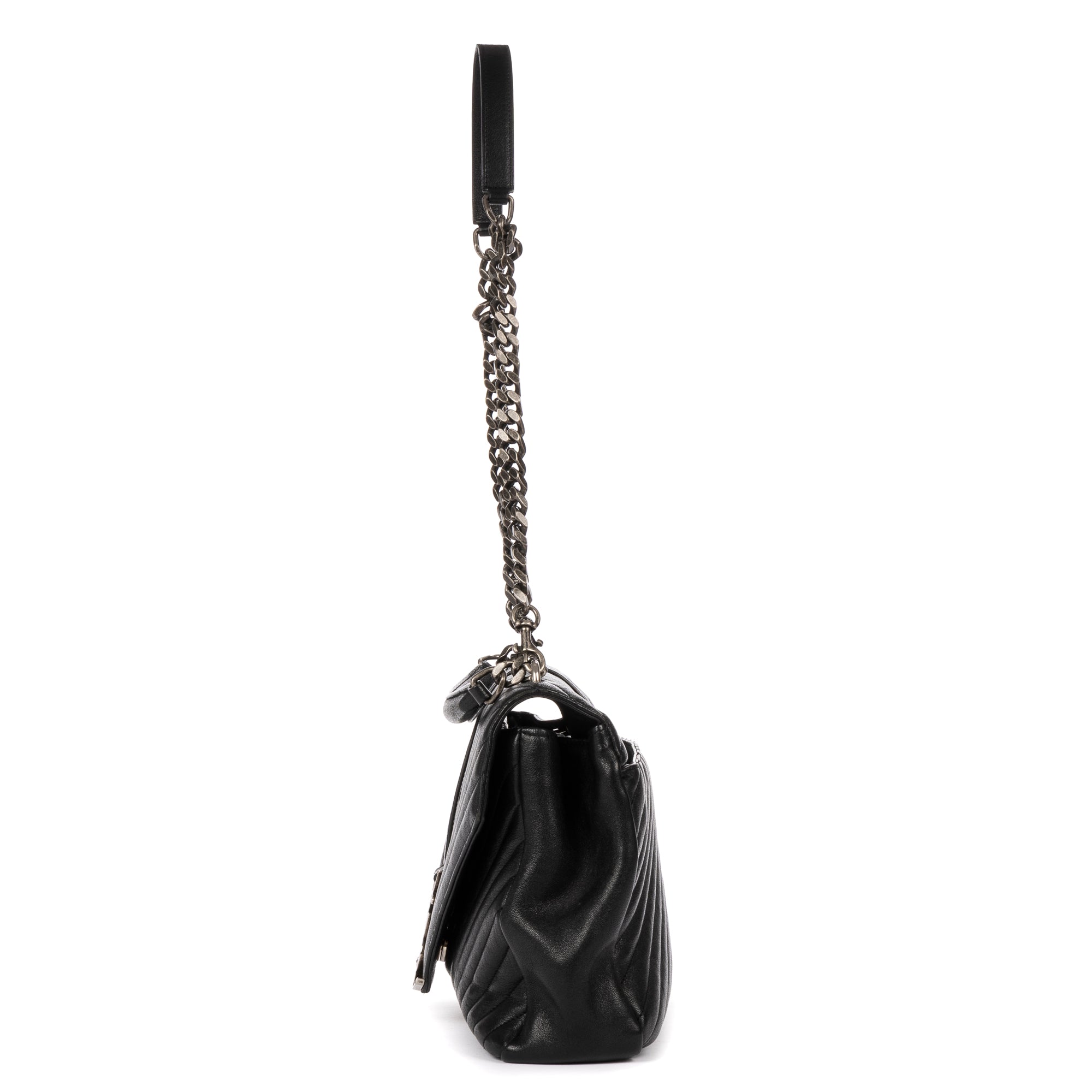 Shoulder Bag College Black Calfskin Chevron Quilted Leather