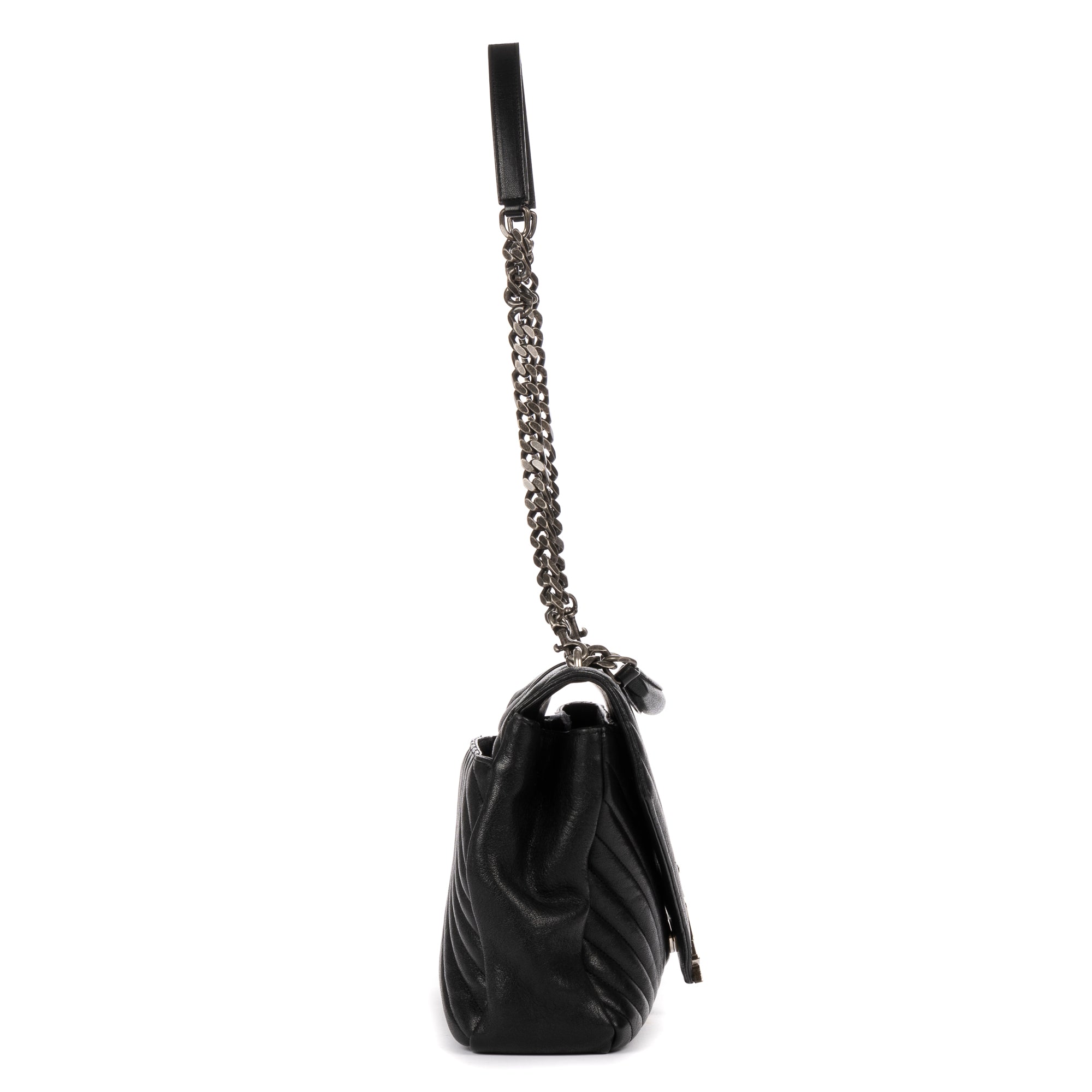 Shoulder Bag College Black Calfskin Chevron Quilted Leather