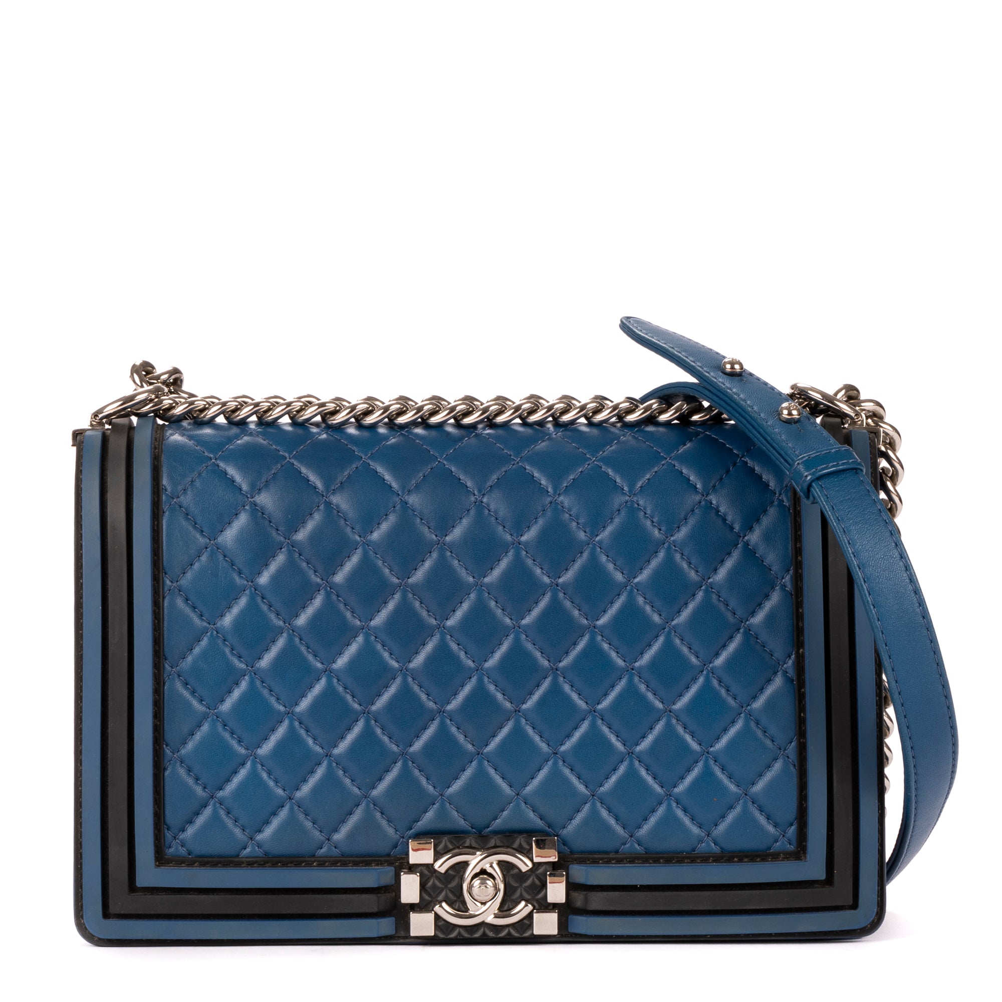 Shoulder Bag Medium Boy Blue Calfskin Quilted Leather with Rubber frame