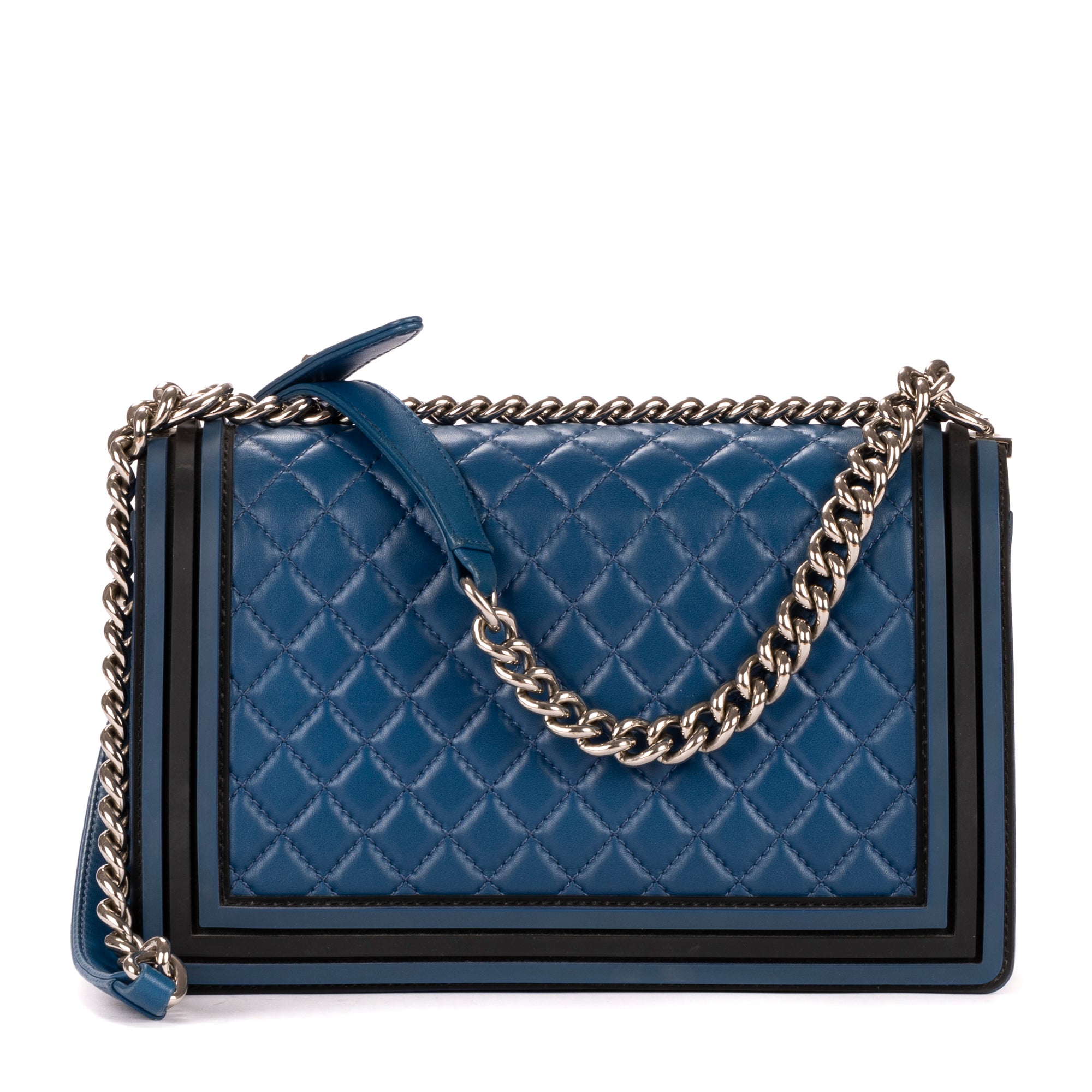 Shoulder Bag Medium Boy Blue Calfskin Quilted Leather with Rubber frame