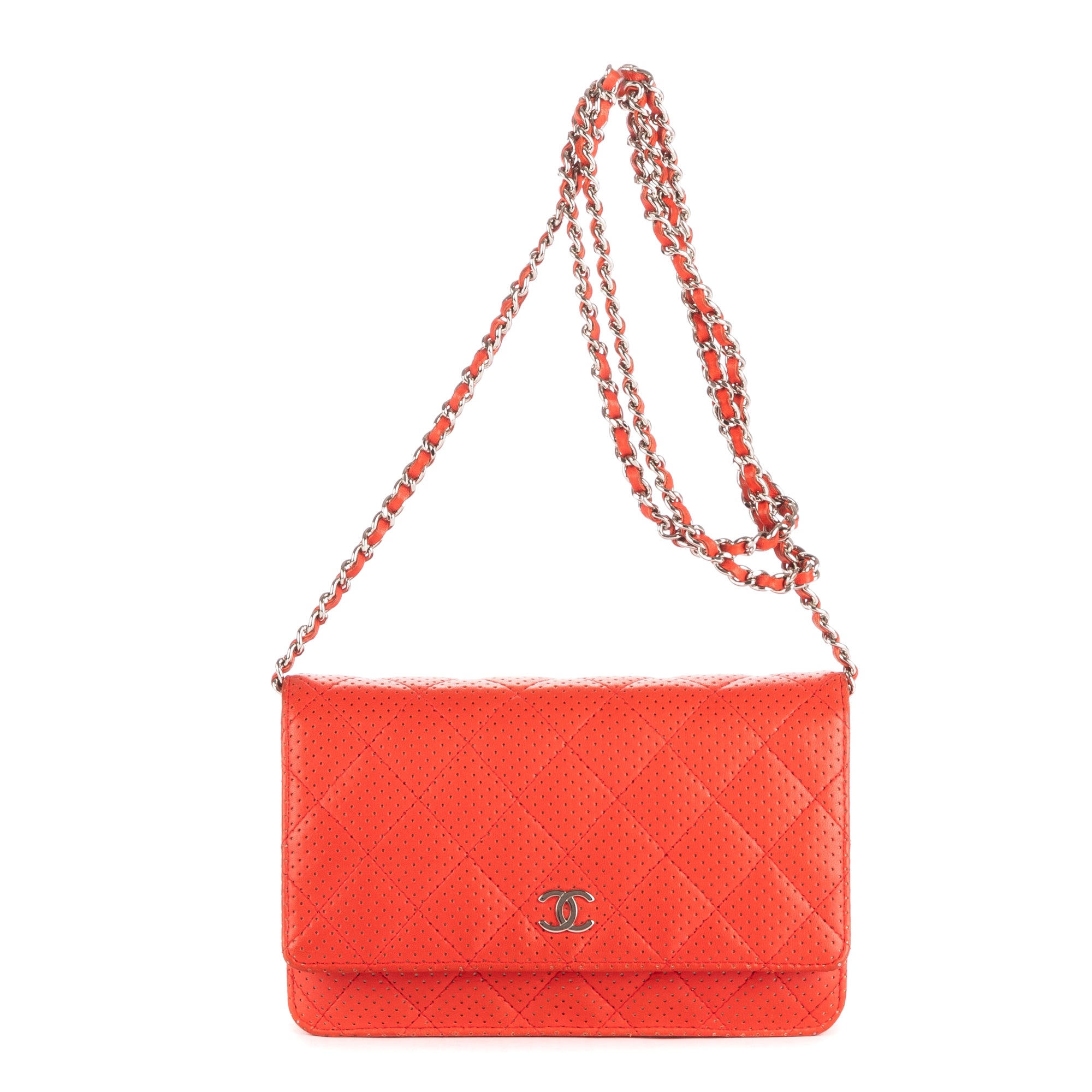 Handbag Wallet on Chain Red Perforated Lambskin Quilted Leather