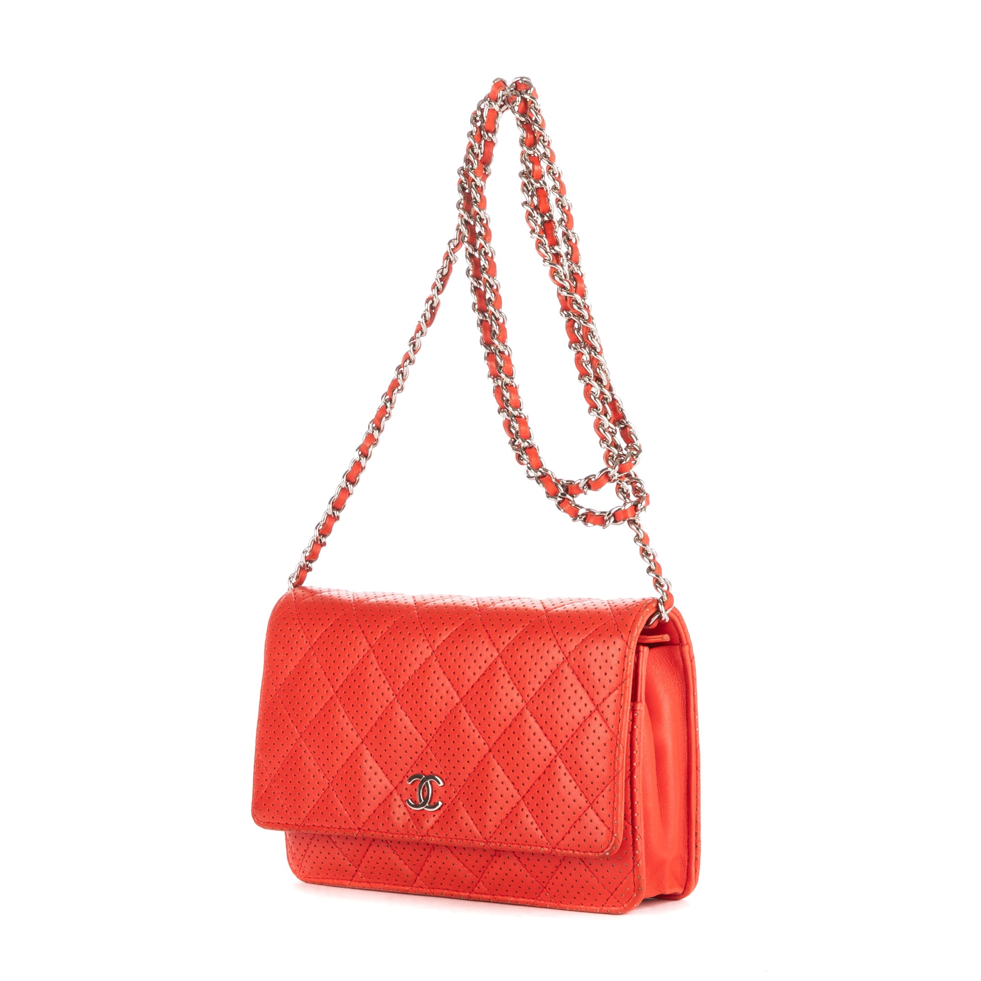 Handbag Wallet on Chain Red Perforated Lambskin Quilted Leather