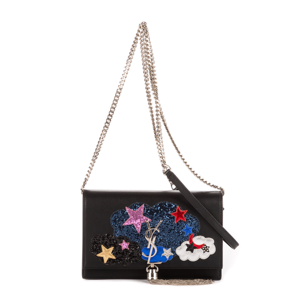 Shoulder Bag Moon & Star Embellished Kate Chain Pochette Black Calfskin Leather