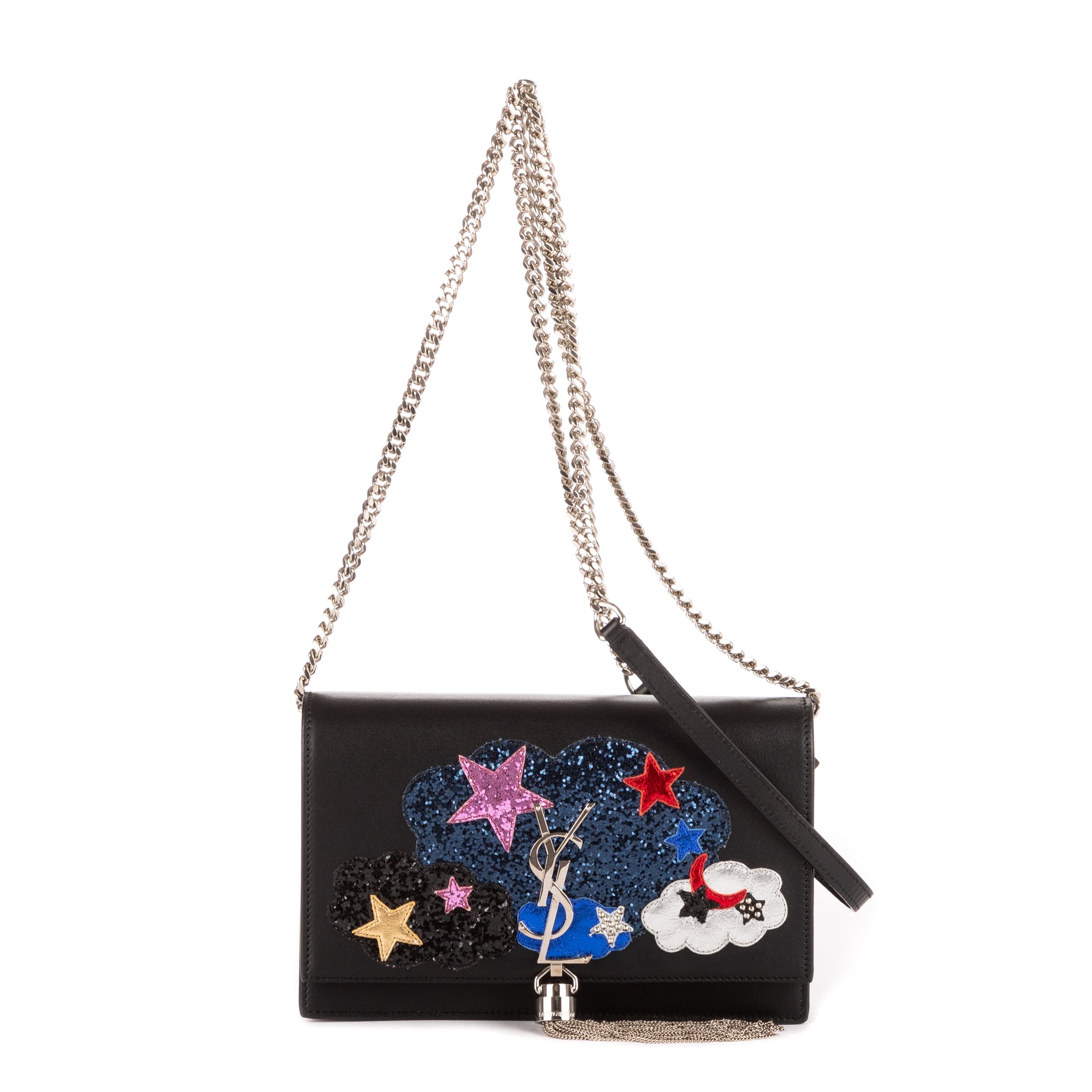 Shoulder Bag Moon & Star Embellished Kate Chain Pochette Black Calfskin Leather