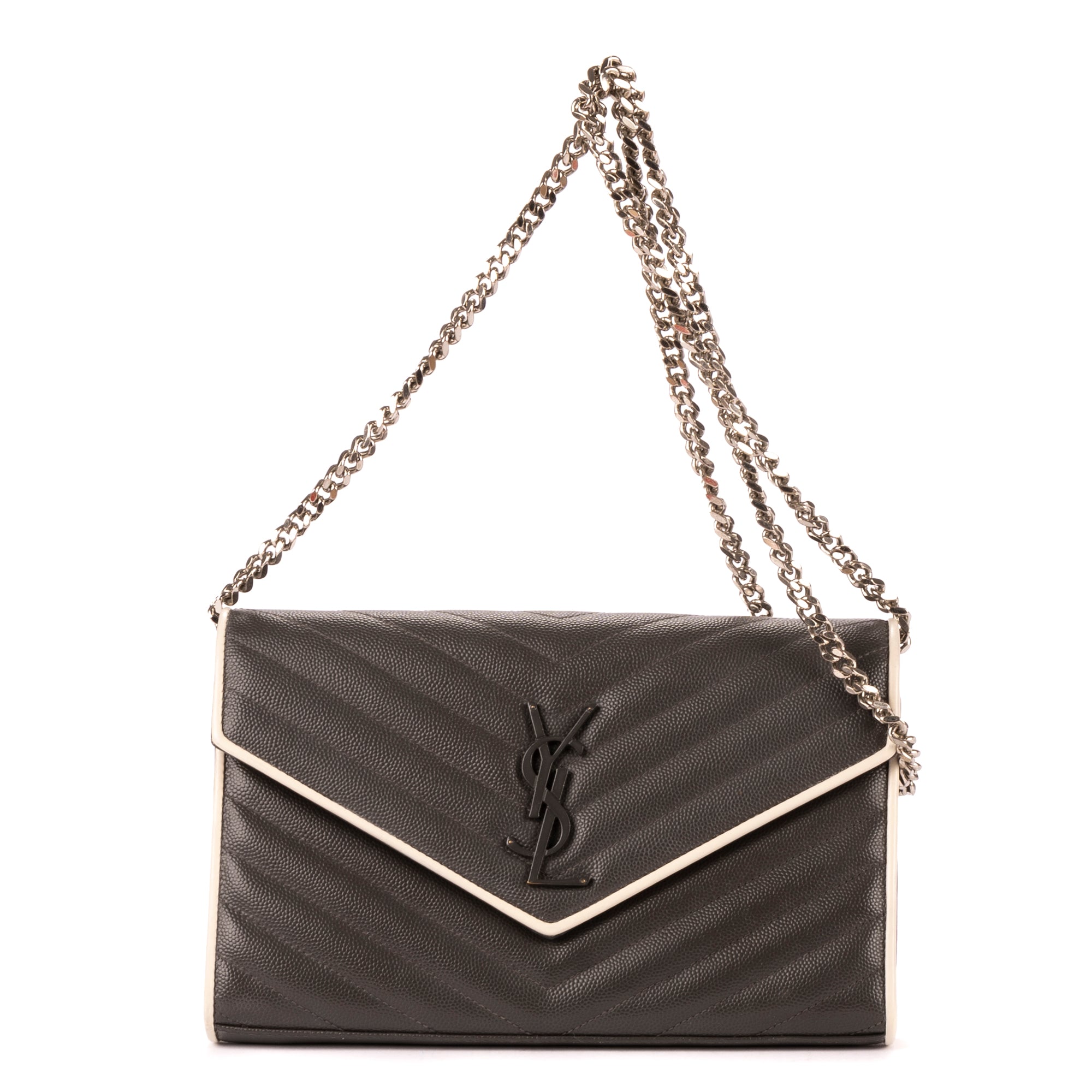 Shoulder Bag Cassandre Enveloppe Chain Wallet Grey Grain de Poudre Studed Leather