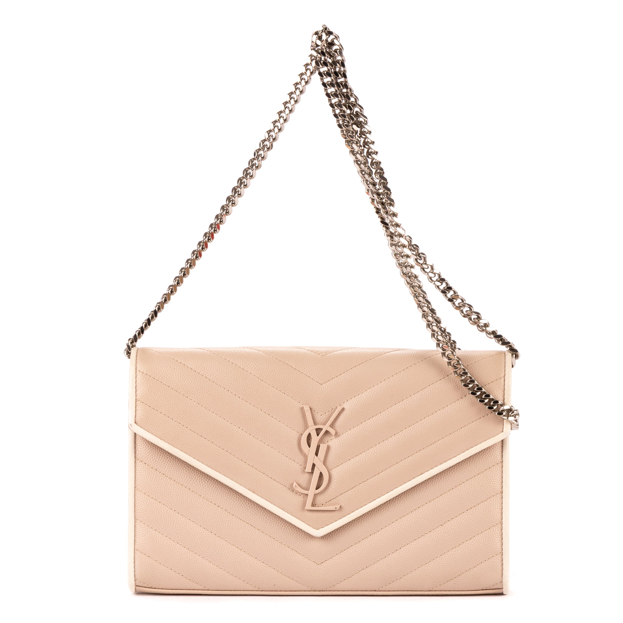Sac porté épaule Cassandre Enveloppe Chain Wallet Cuir grain de poudre clouté Taupe