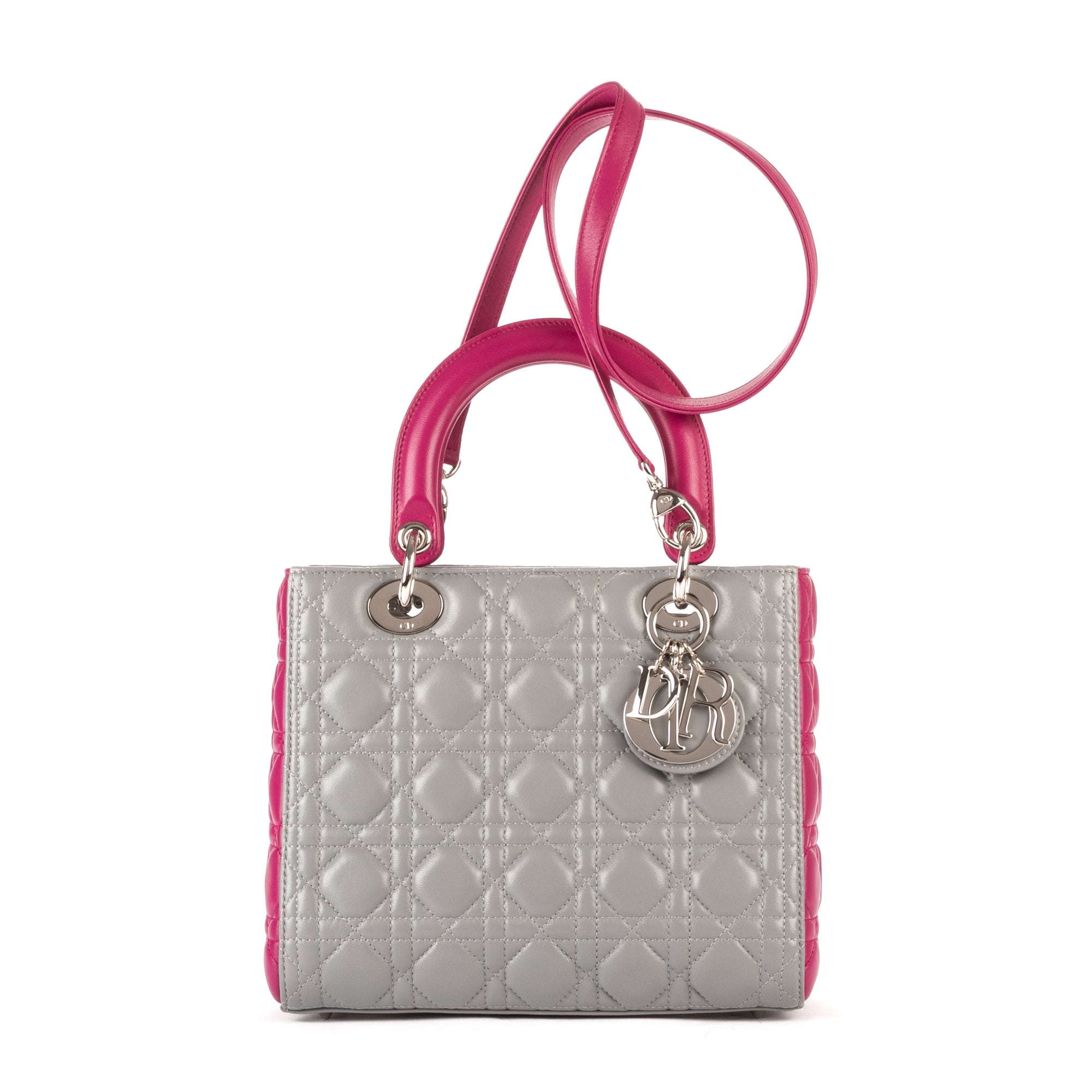 Bolso de hombro mediano Lady Dior con cremallera, piel cannage gris mediano