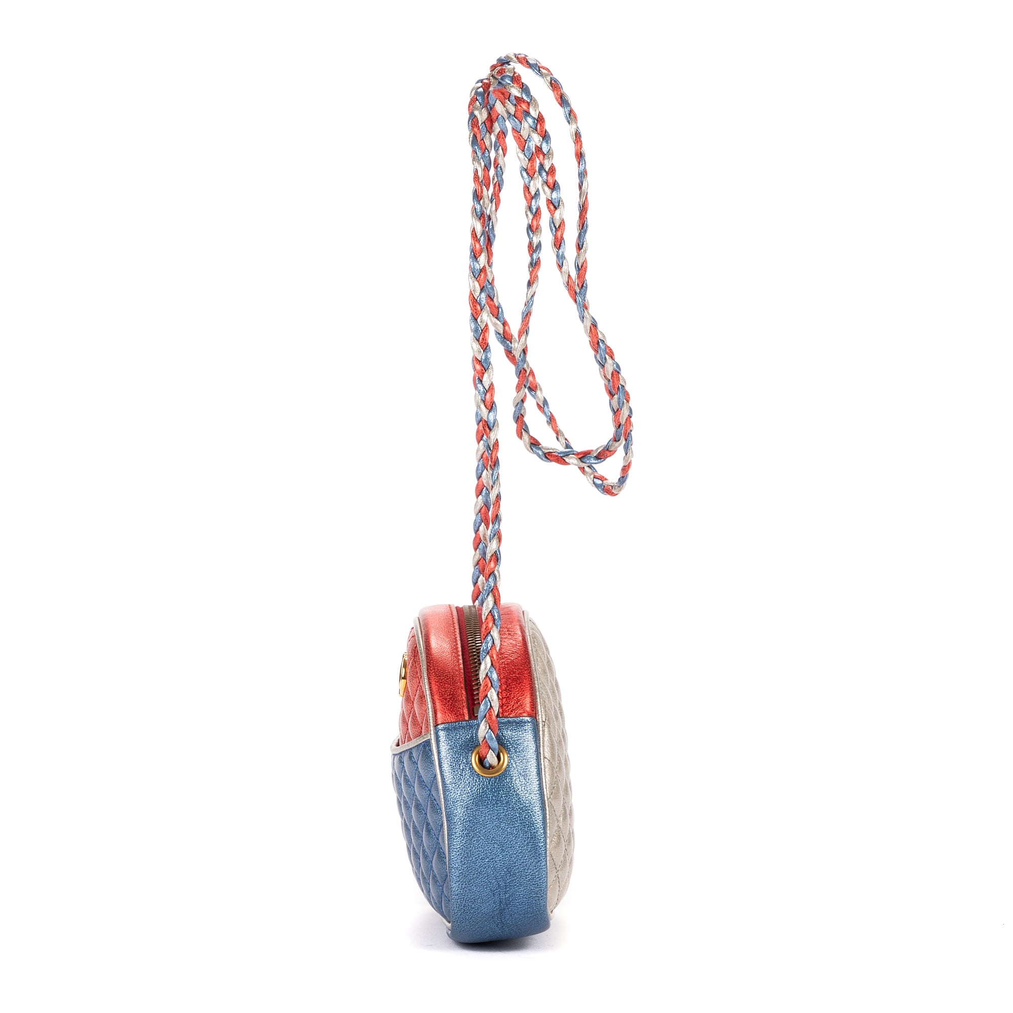 Bolso de hombro Camera acolchado laminado azul de piel acolchada