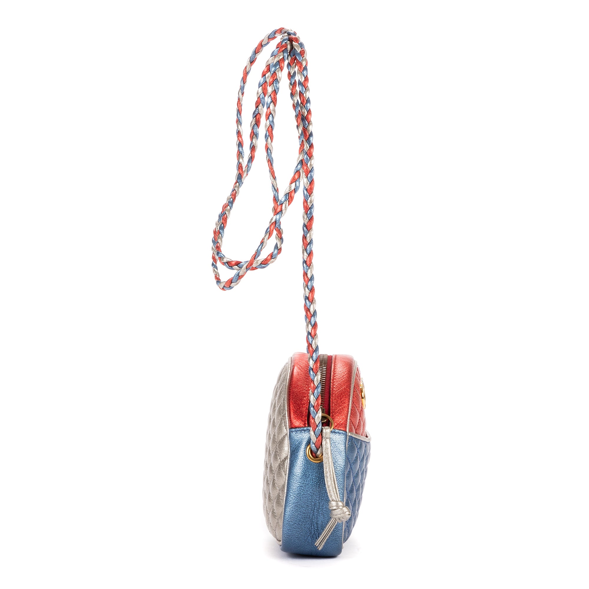 Bolso de hombro Camera acolchado laminado azul de piel acolchada