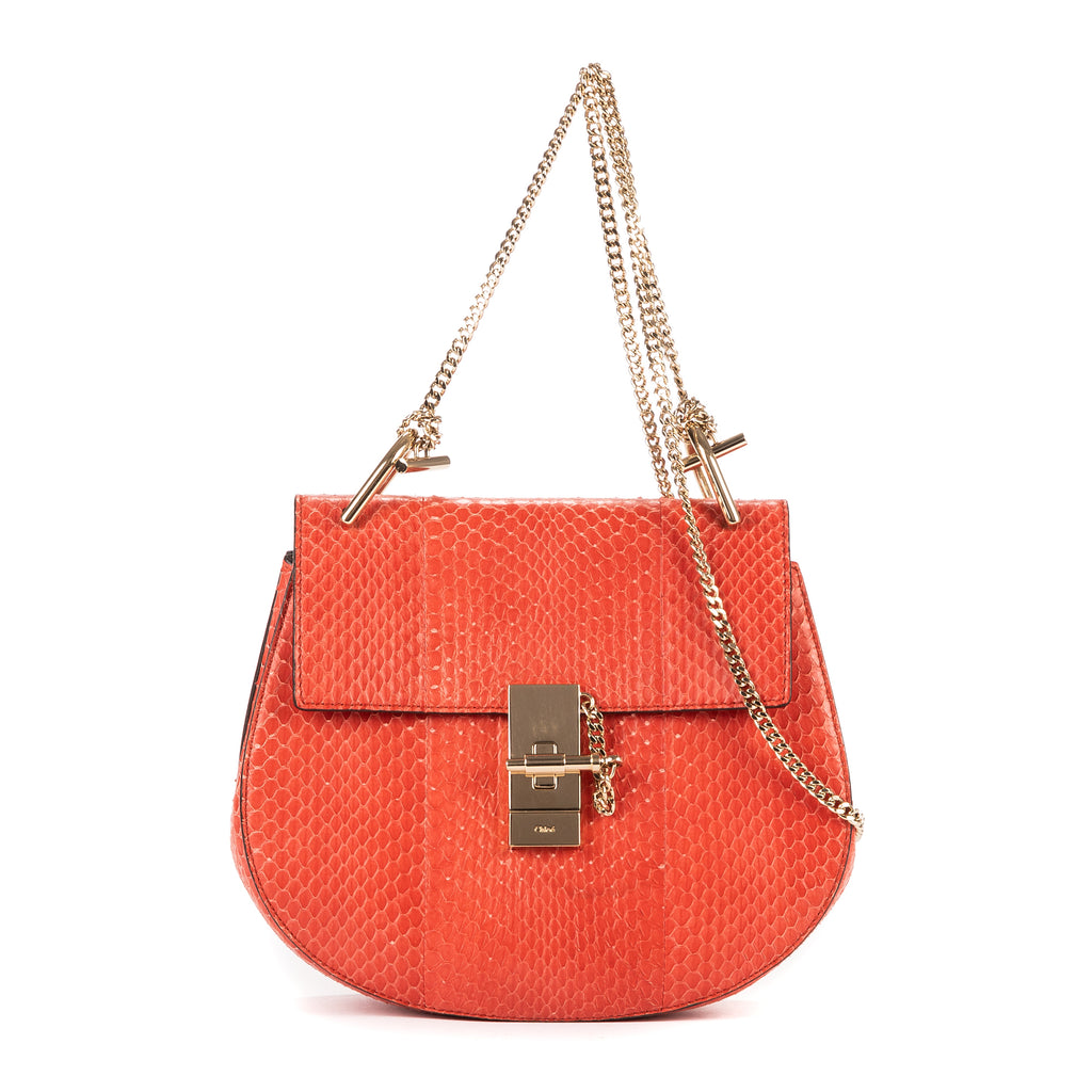 Shoulder Bag Drew Chain Crossbody Orange Python Embossed Leather