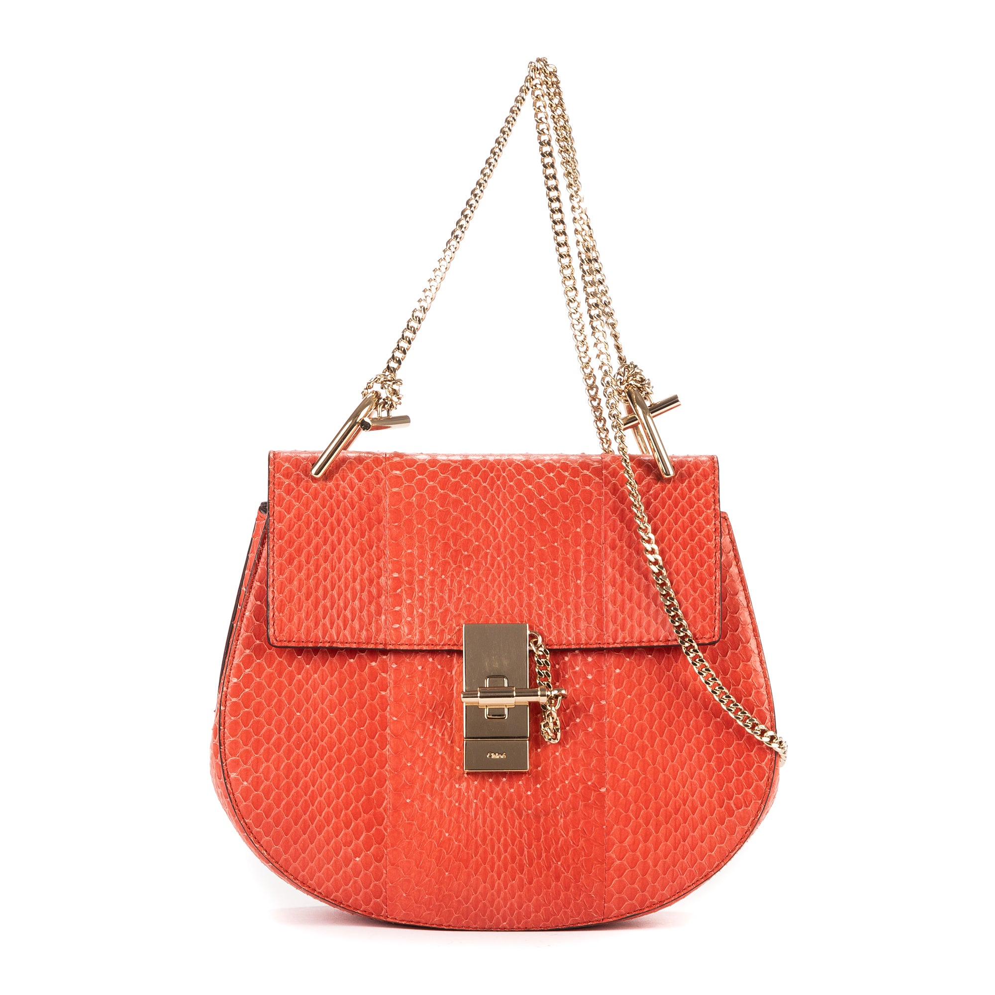 Shoulder Bag Drew Chain Crossbody Orange Python Embossed Leather