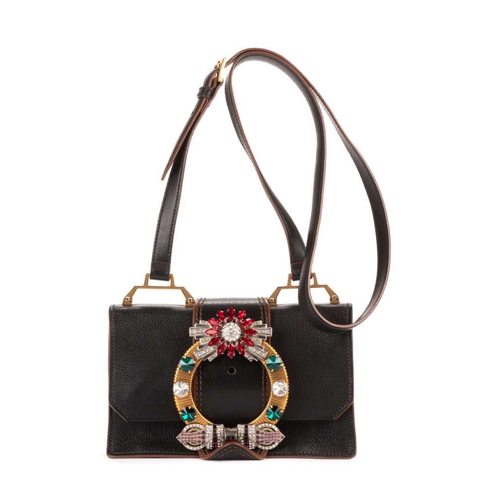 Bolso de hombro Madras Lady Buckle Flap de cuero negro adornado con cristales