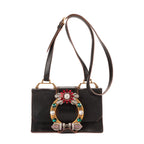 Bolso de hombro Madras Lady Buckle Flap de cuero negro adornado con cristales
