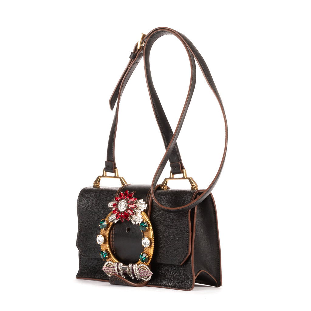 Bolso de hombro Madras Lady Buckle Flap de cuero negro adornado con cristales