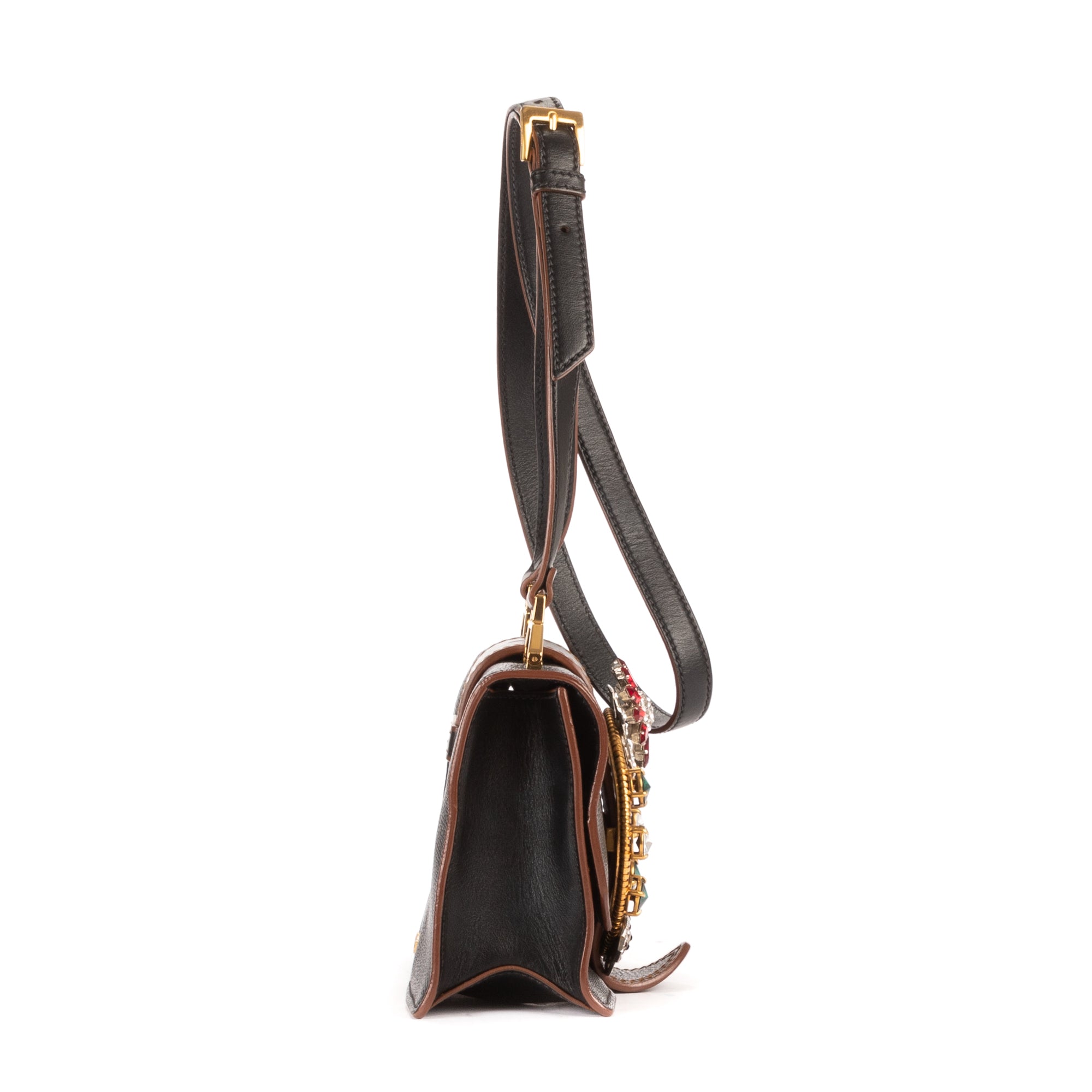 Shoulder Bag Madras Lady Buckle Flap Black Crystal Embellished Leather