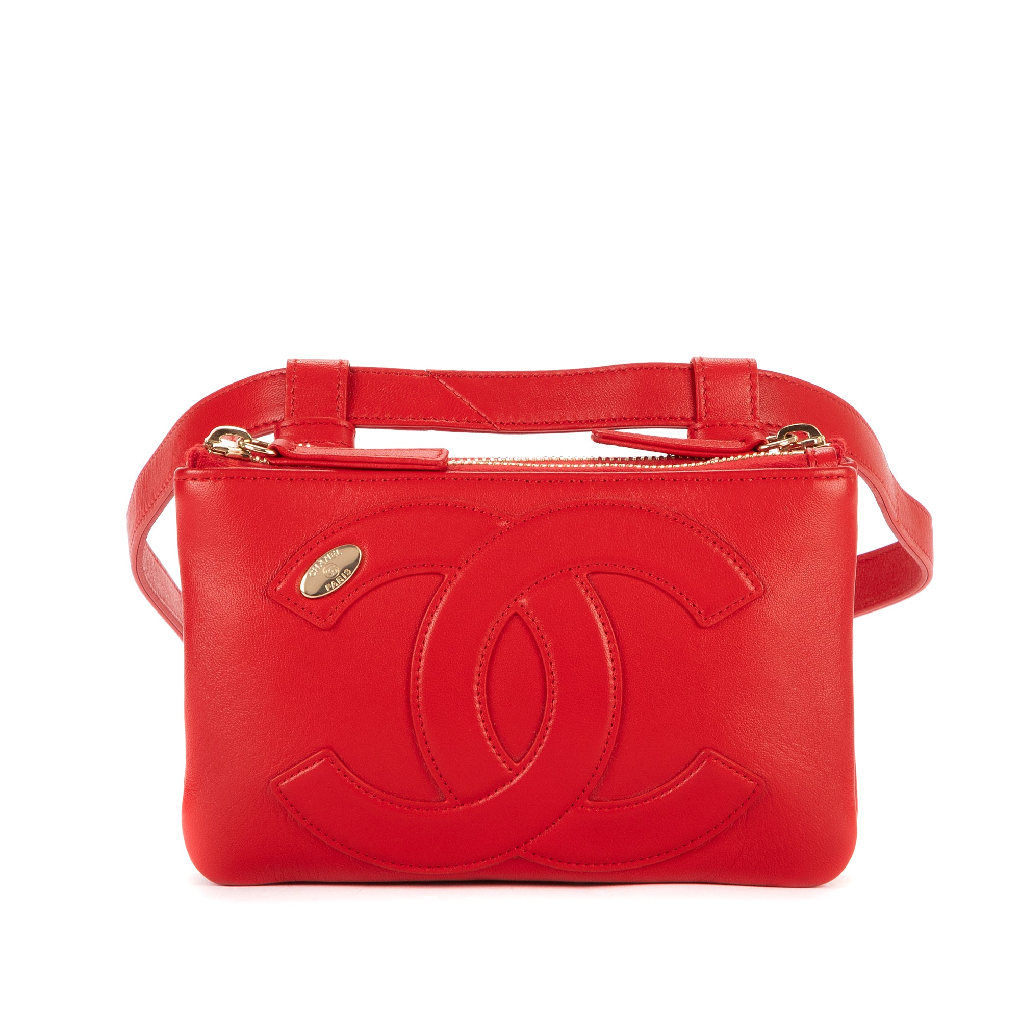 Waist Bag CC Mania Double Zip Wrist Pouch Red Smooth Leather