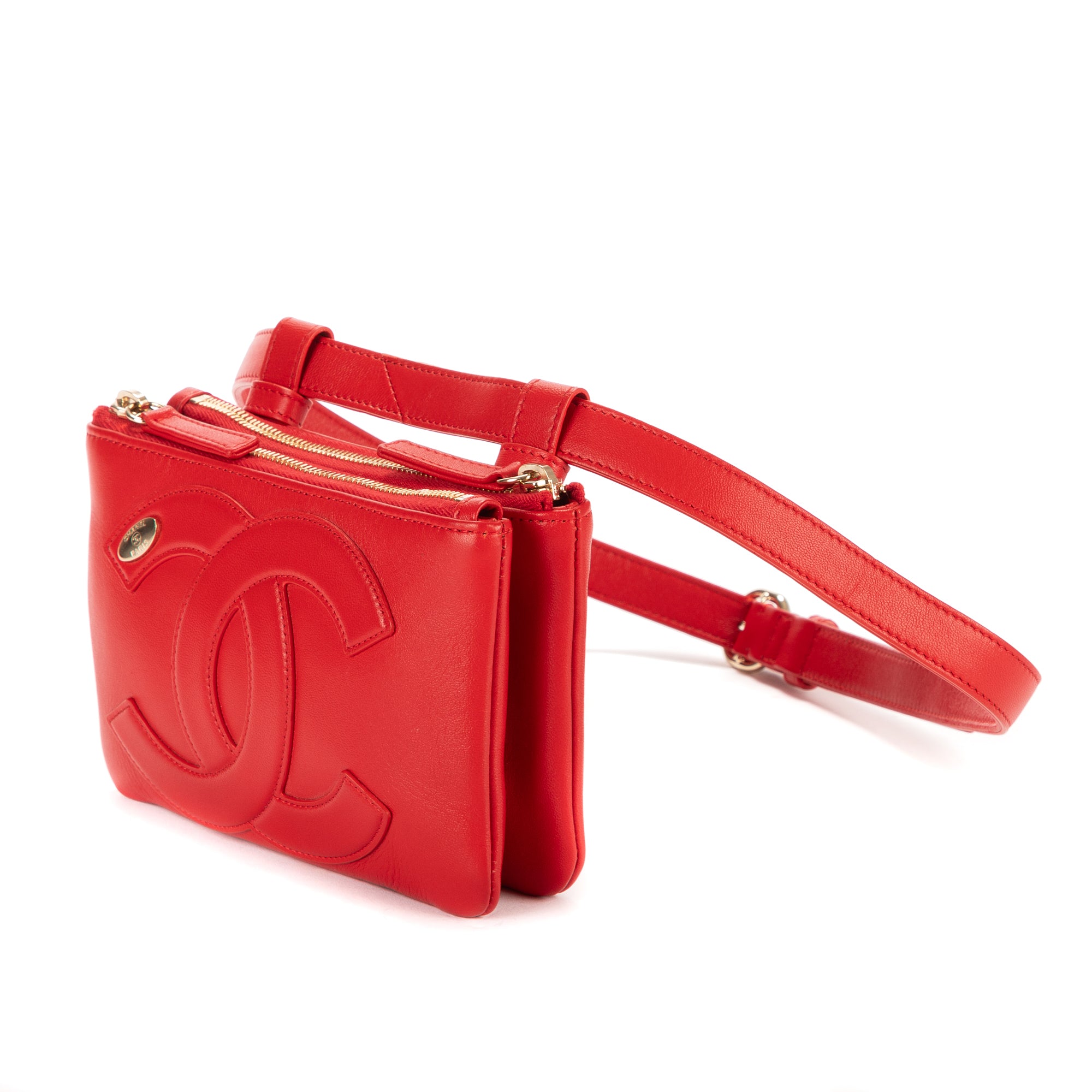 Waist Bag CC Mania Double Zip Wrist Pouch Red Smooth Leather