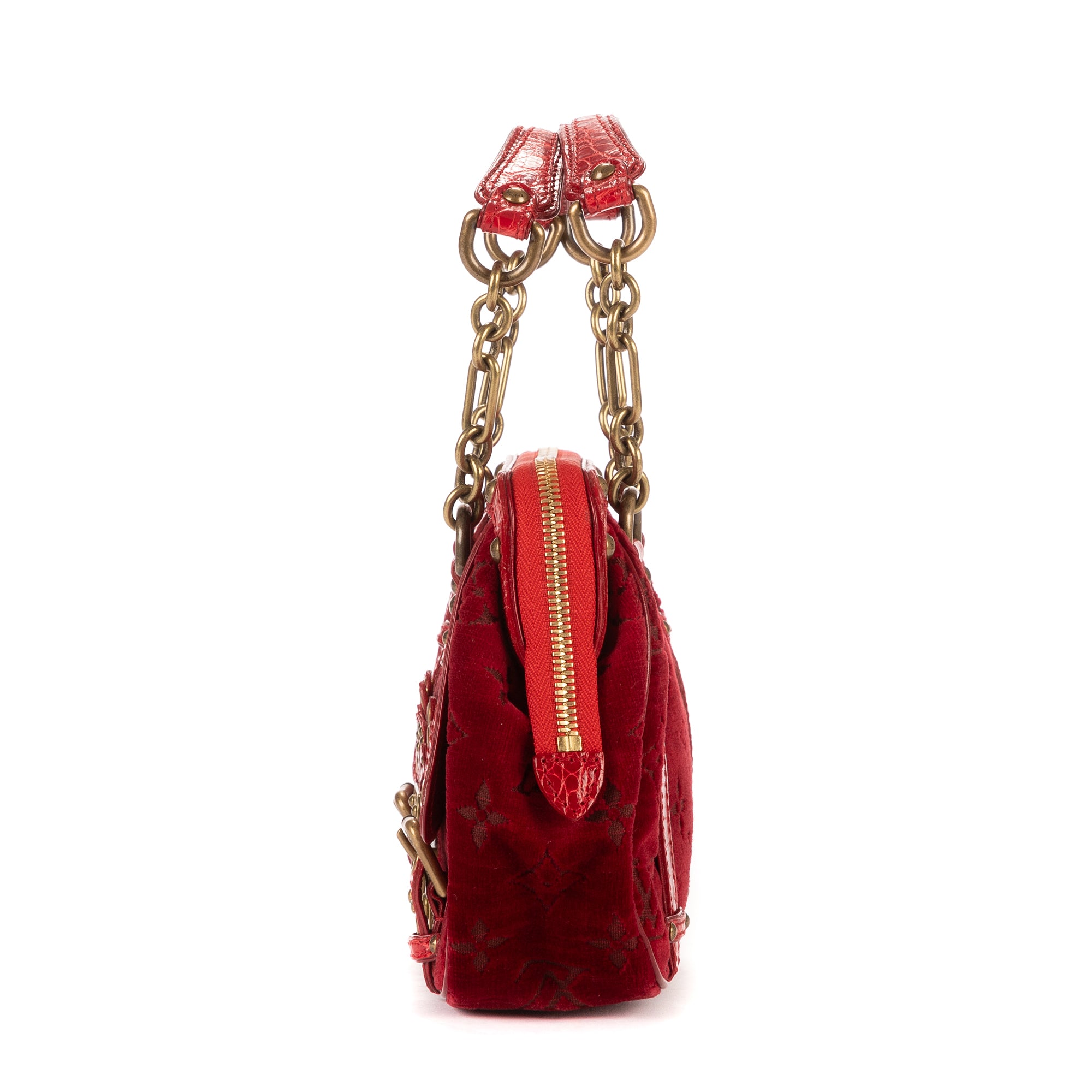 Bandolera Ed. Ltda. Monogram Velours Irvine de terciopelo rojo con patrón de cocodrilo