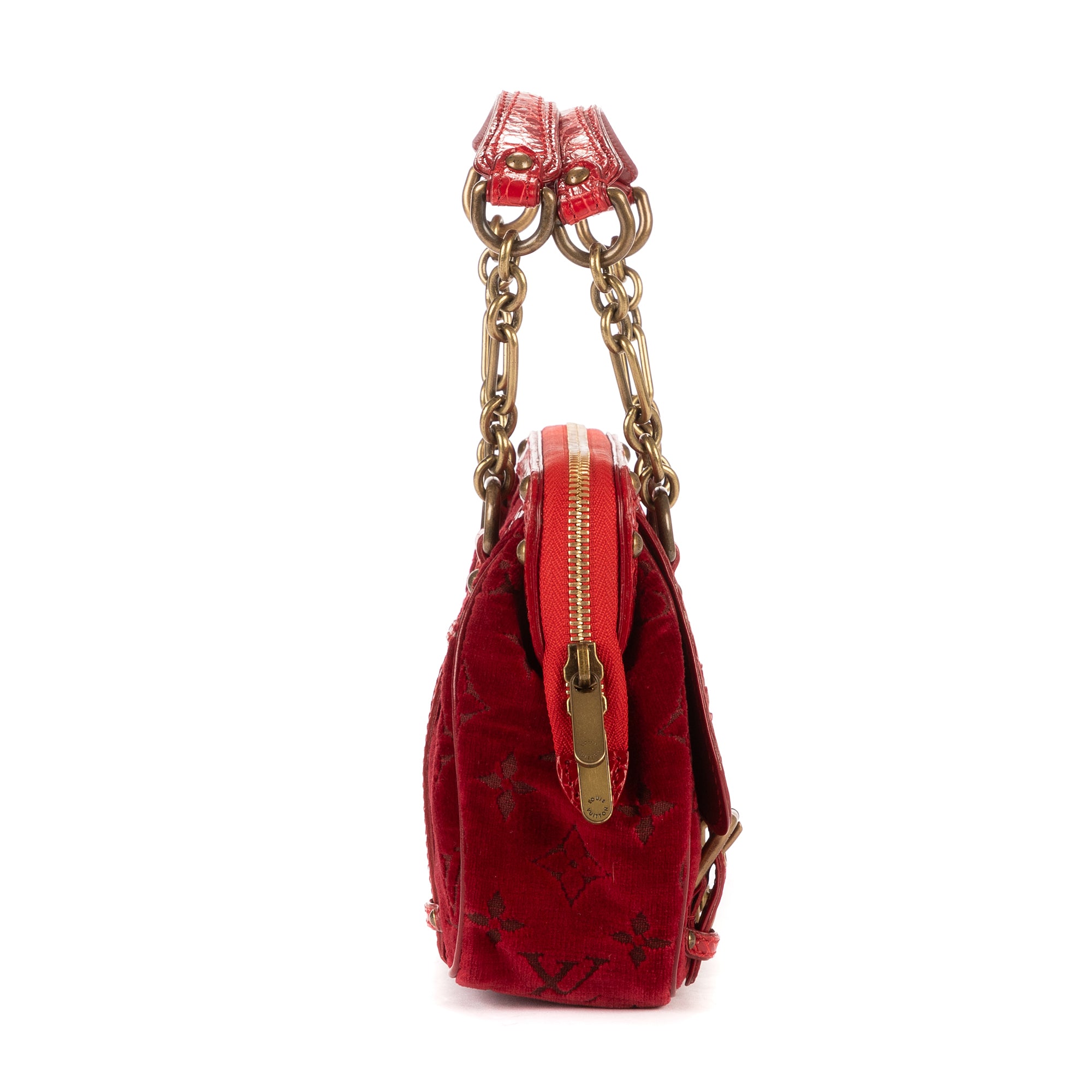 Bandolera Ed. Ltda. Monogram Velours Irvine de terciopelo rojo con patrón de cocodrilo