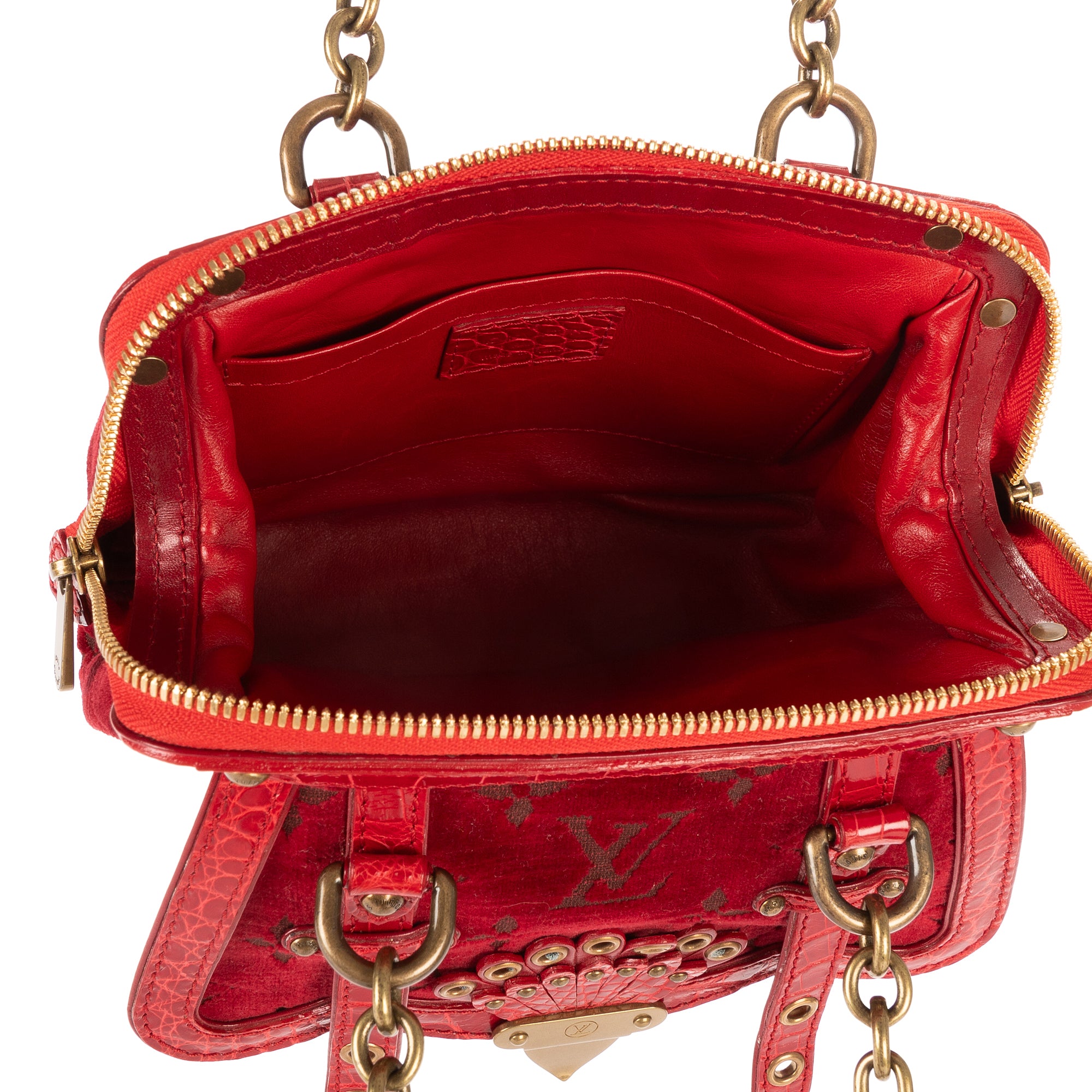Bandolera Ed. Ltda. Monogram Velours Irvine de terciopelo rojo con patrón de cocodrilo