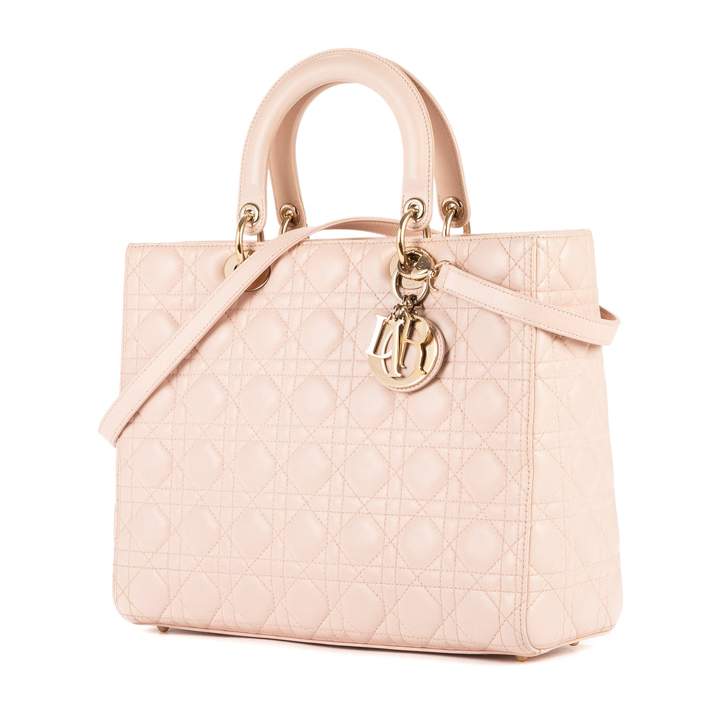 Bolso Lady Dior Grande de Piel Cannage Rosa Claro
