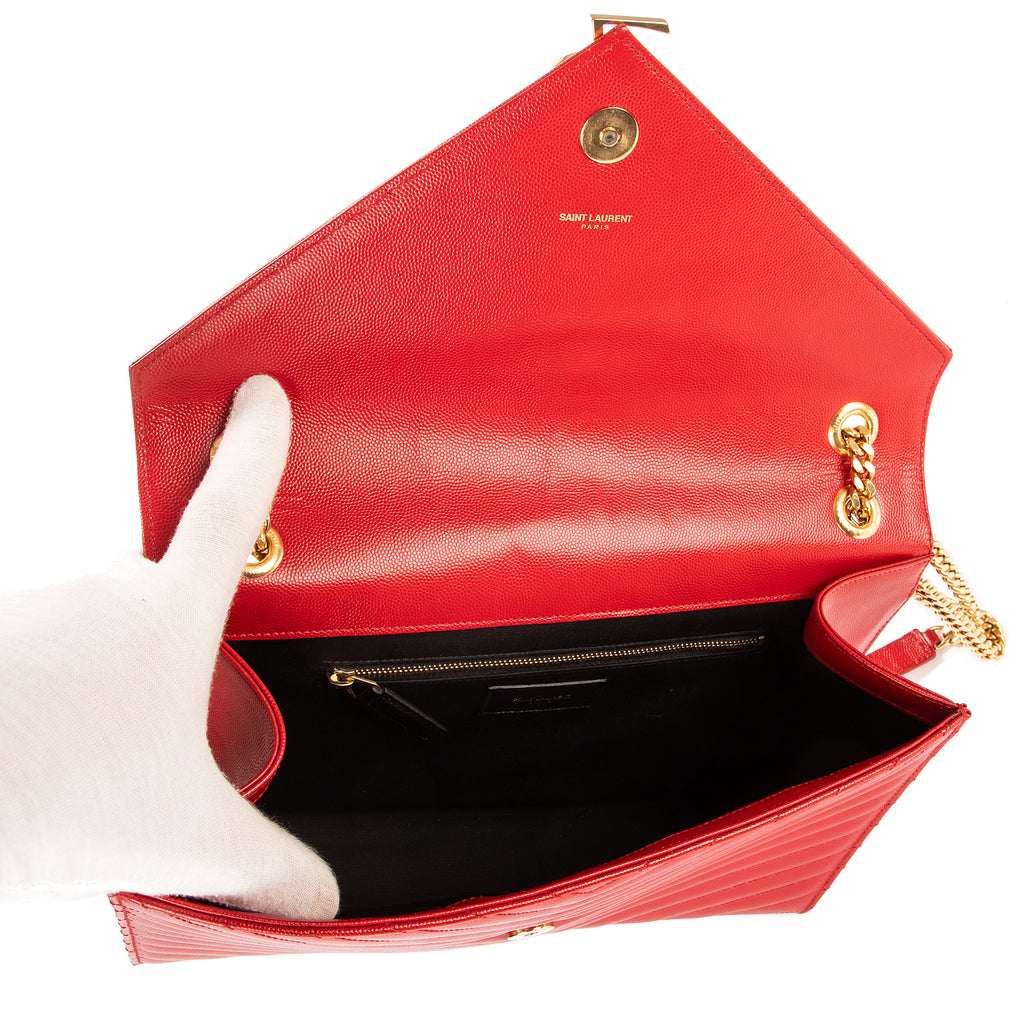 Sac porté épaule Portefeuille enveloppe sur chaîne Cuir Grain Poudre chevron orange
