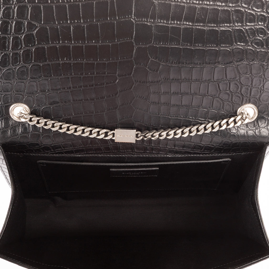Bolso Bandolera Grande Kate Piel Negra Grabada Cocodrilo