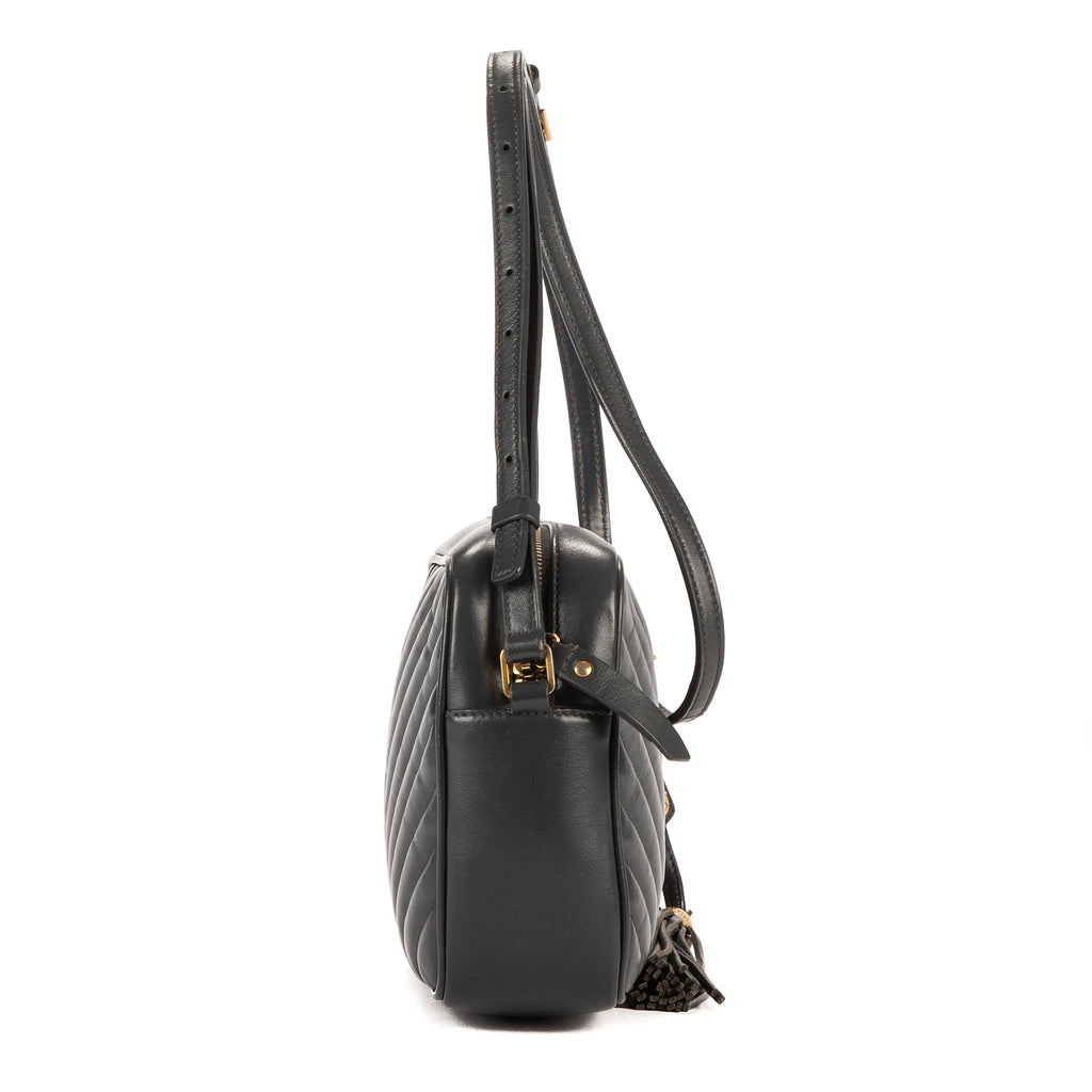 Bolso de hombro Lou Camera de piel de becerro gris oscuro acolchado con motivo chevron