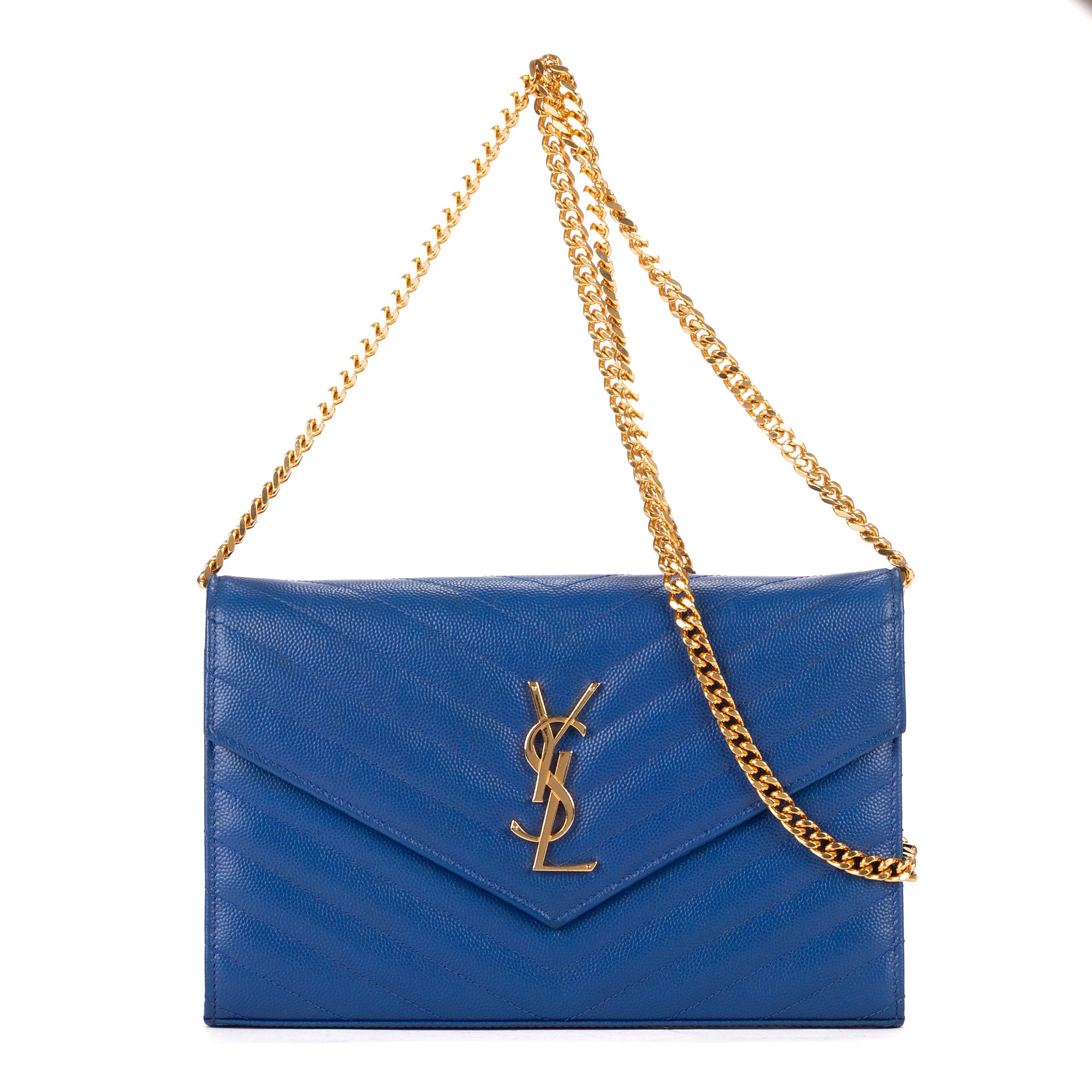 Shoulder Bag Chain Wallet Blue Chevron Grain de Poudre Leather