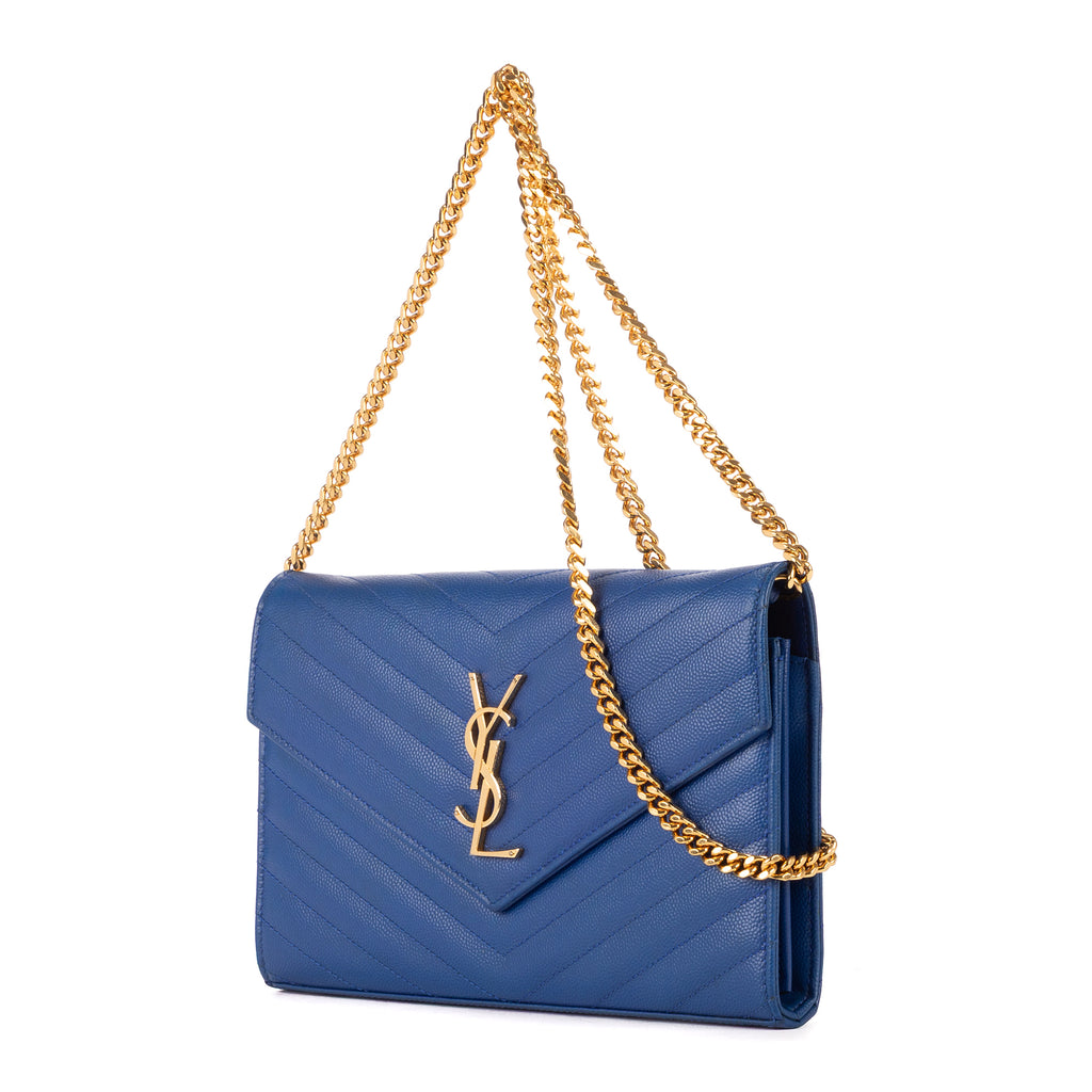 Shoulder Bag Chain Wallet Blue Chevron Grain de Poudre Leather