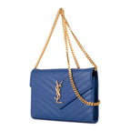 Shoulder Bag Chain Wallet Blue Chevron Grain de Poudre Leather