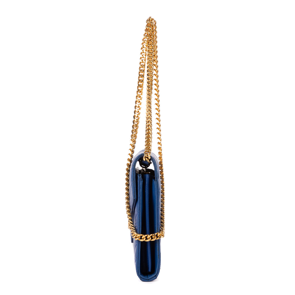 Shoulder Bag Chain Wallet Blue Chevron Grain de Poudre Leather