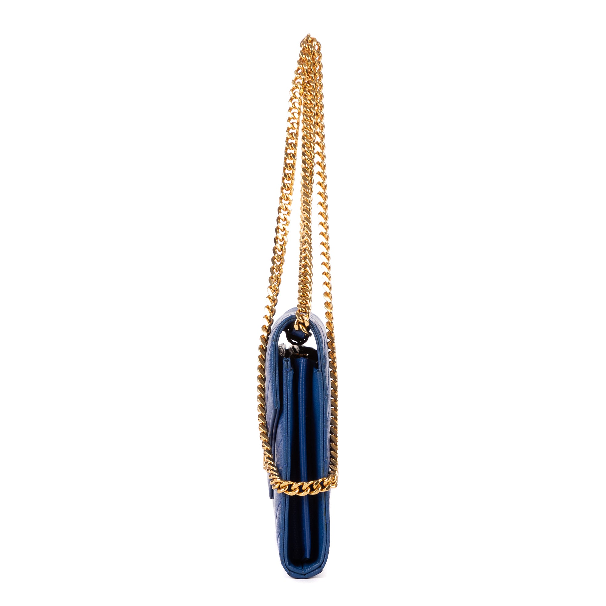 Shoulder Bag Chain Wallet Blue Chevron Grain de Poudre Leather
