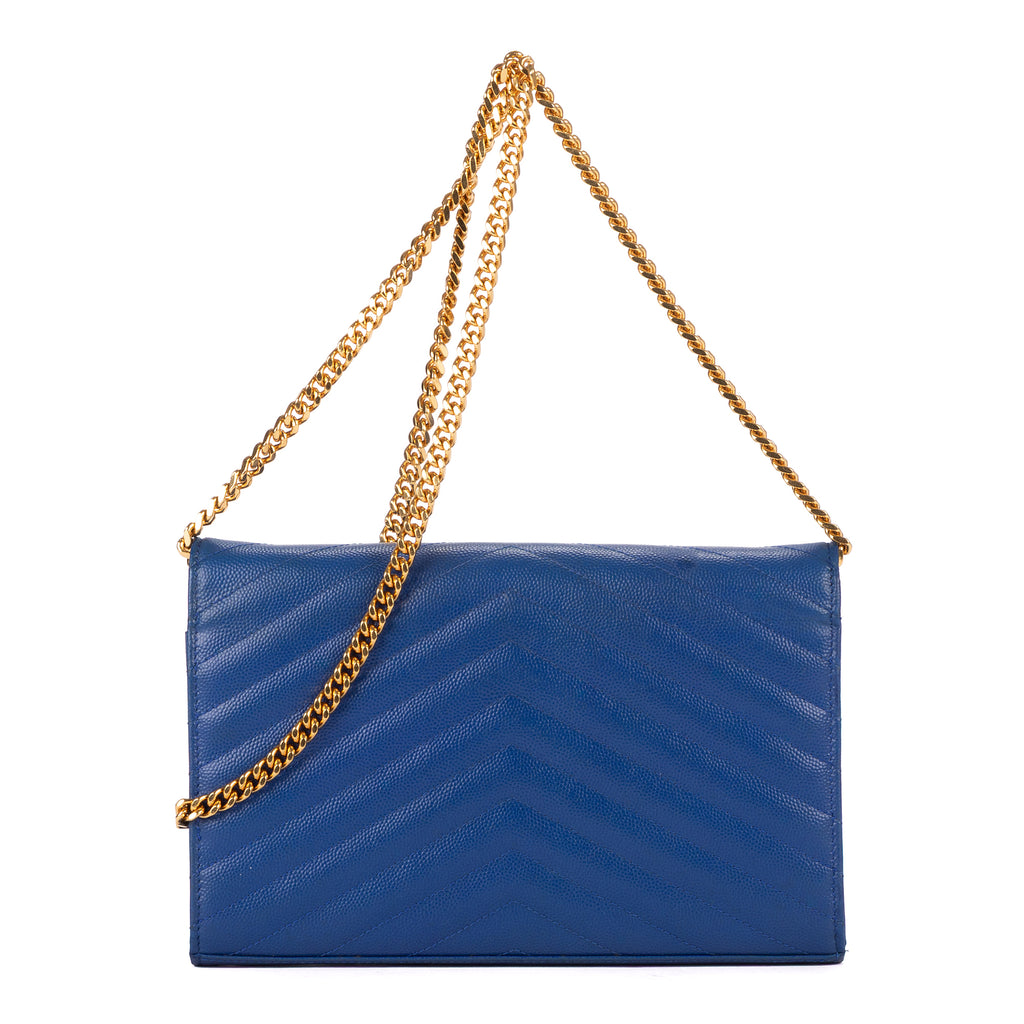 Shoulder Bag Chain Wallet Blue Chevron Grain de Poudre Leather
