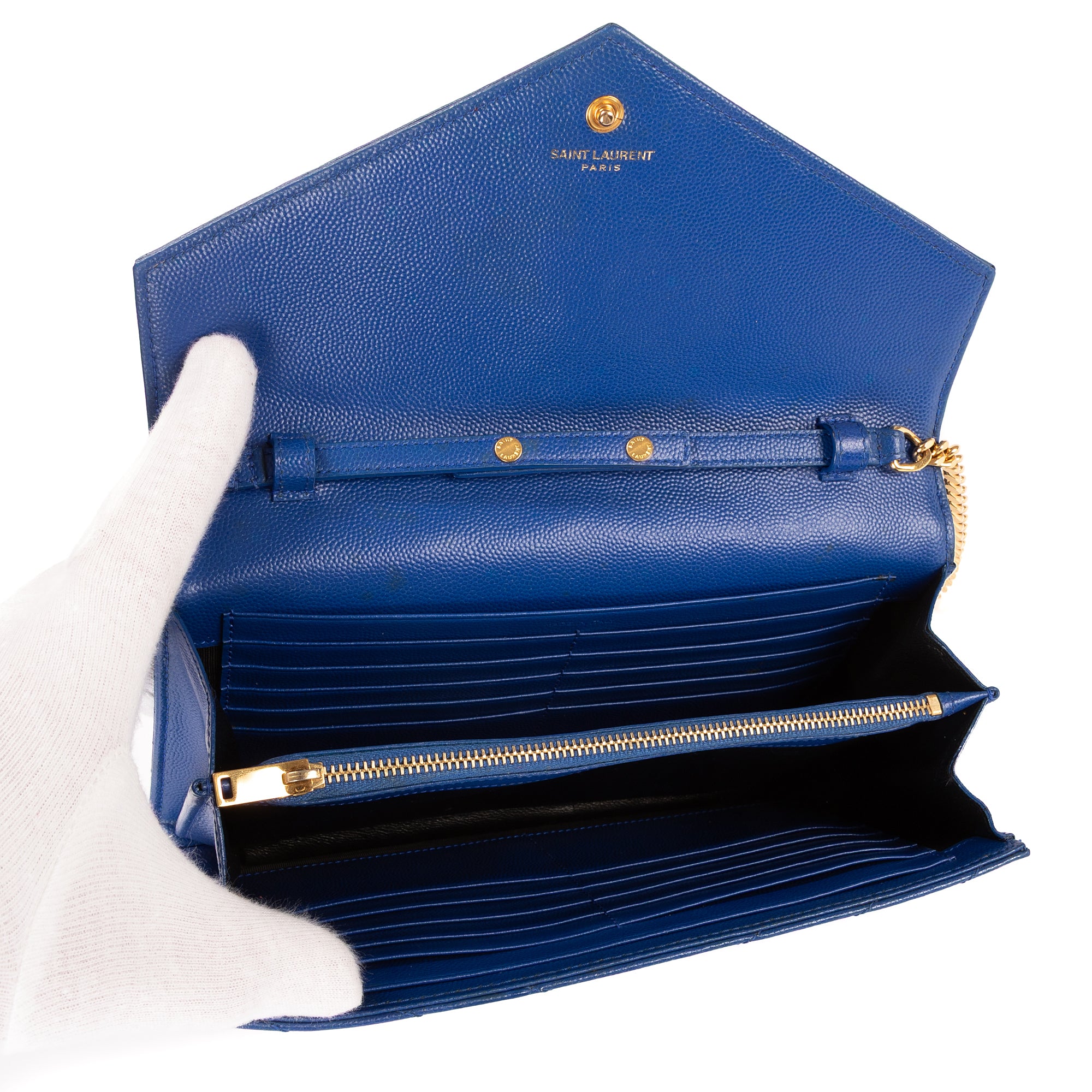 Shoulder Bag Chain Wallet Blue Chevron Grain de Poudre Leather