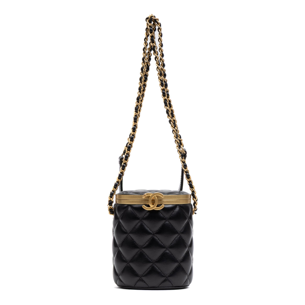 Shoulder Bag Vanity Box Crossbody Mini Black Lambskin Quilted Leather