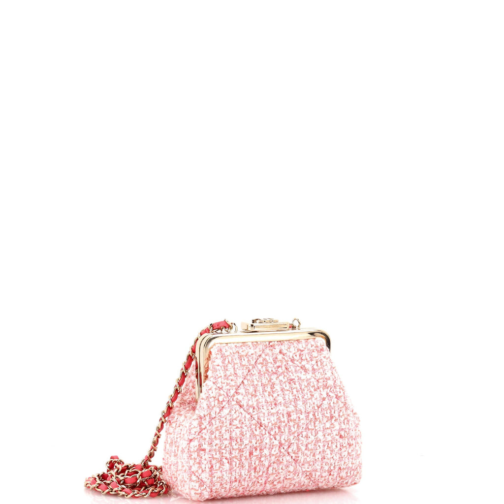 Shoulder Bag Kisslock Frame Clutch Crossbody Mini Pink Tweed Quilted Canvas