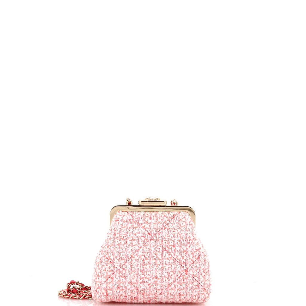 Shoulder Bag Kisslock Frame Clutch Crossbody Mini Pink Tweed Quilted Canvas
