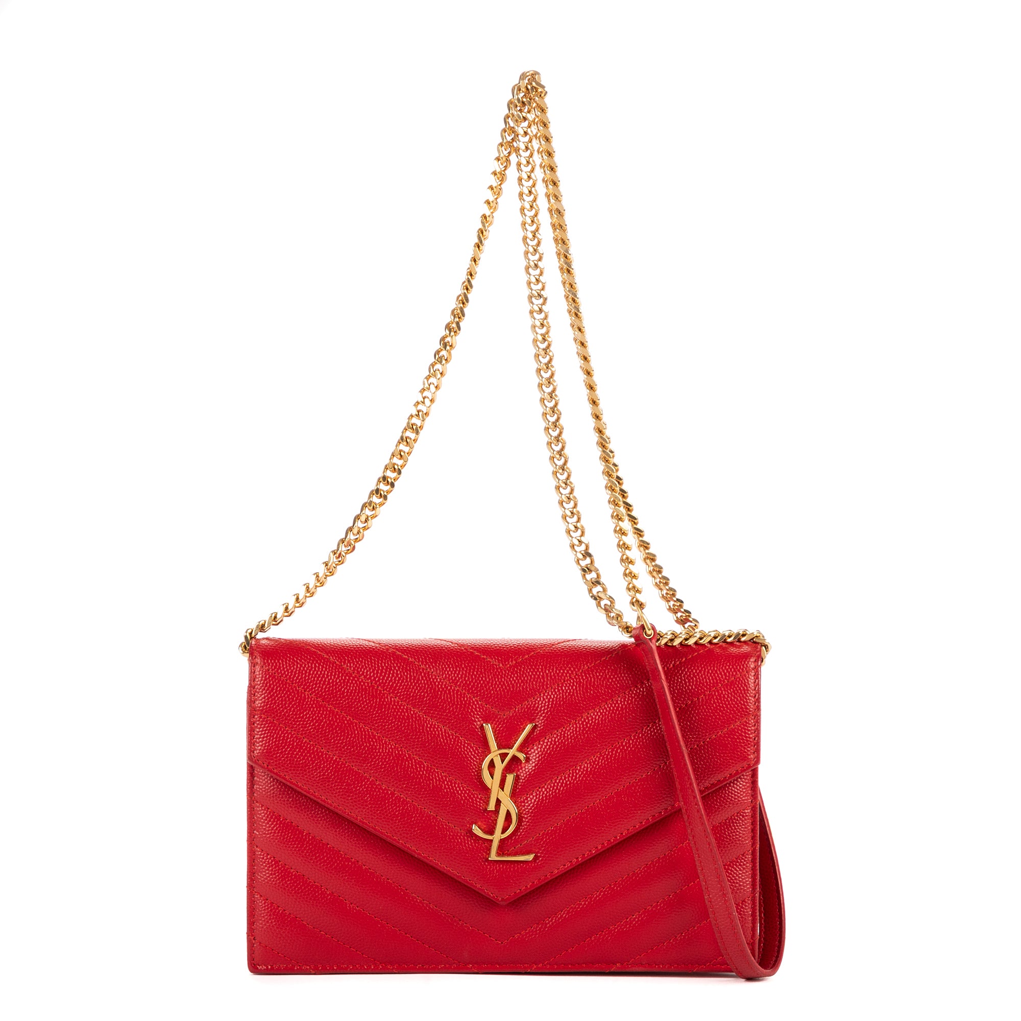 Shoulder Bag Chain Wallet Red Chevron Grain de Poudre Leather