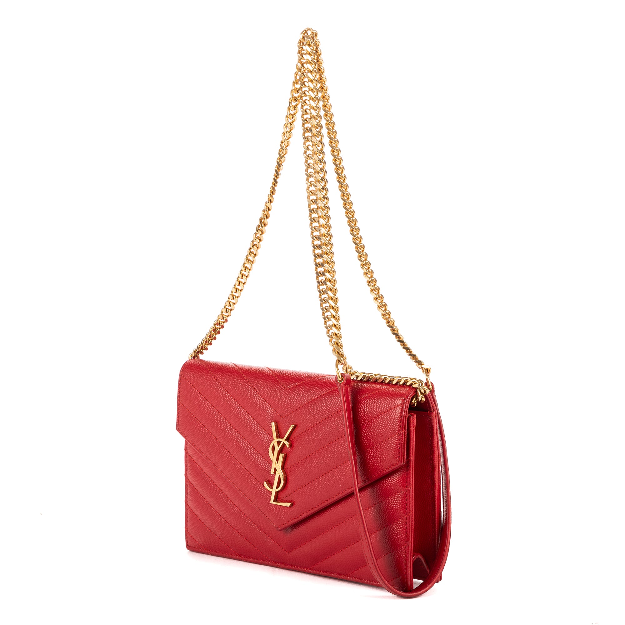 Shoulder Bag Chain Wallet Red Chevron Grain de Poudre Leather