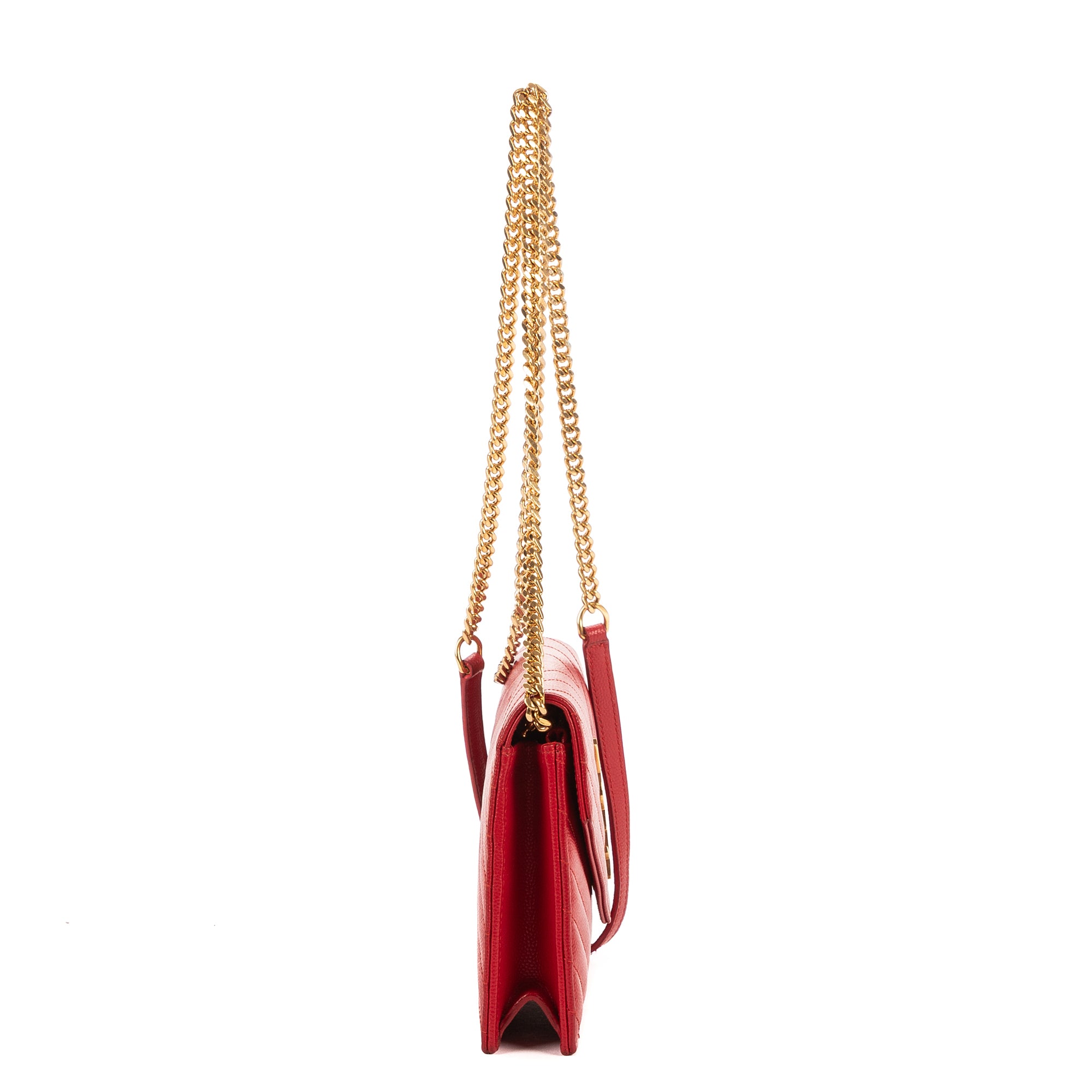 Shoulder Bag Chain Wallet Red Chevron Grain de Poudre Leather
