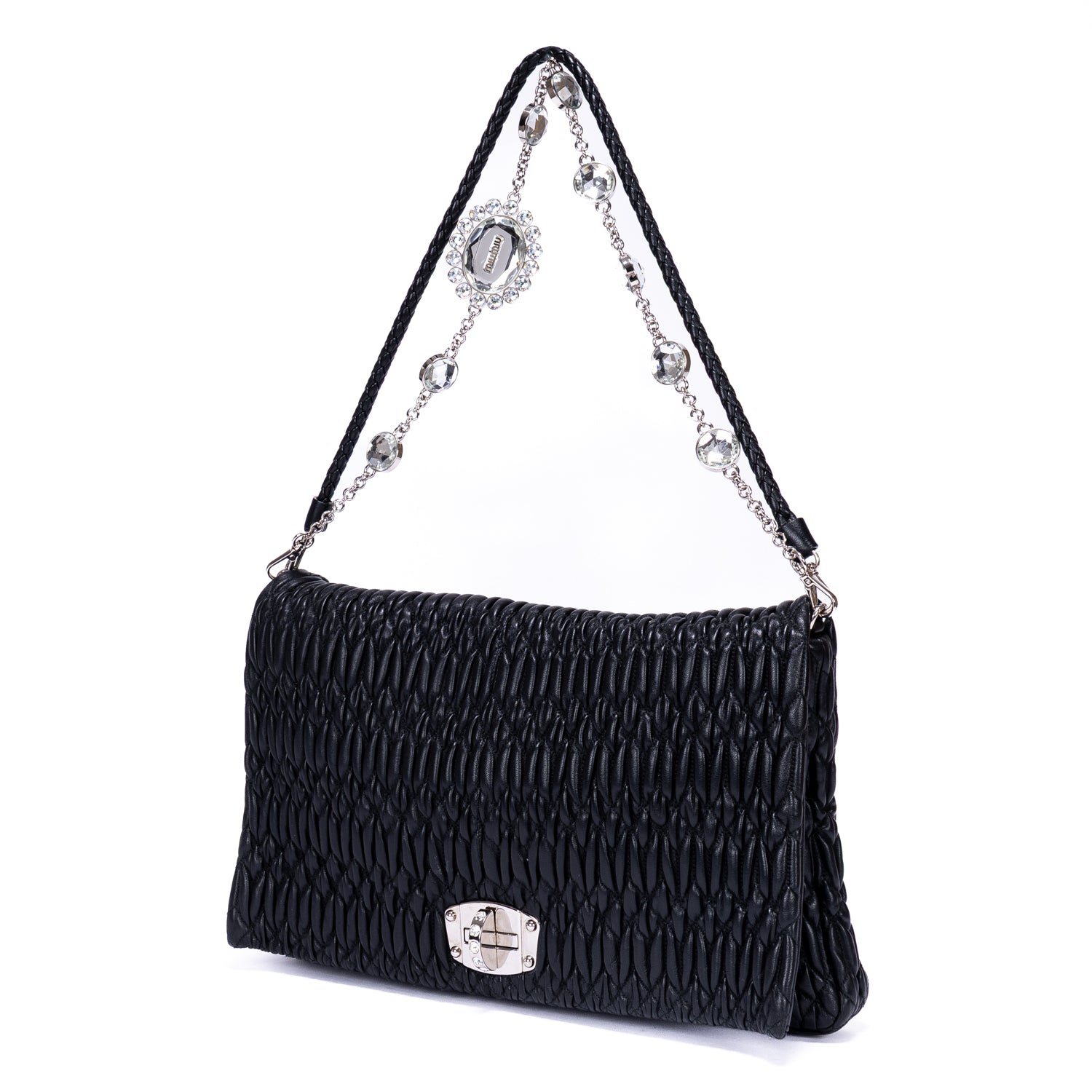 Shoulder Bag Crystal Cloque Black Matelasse Leather