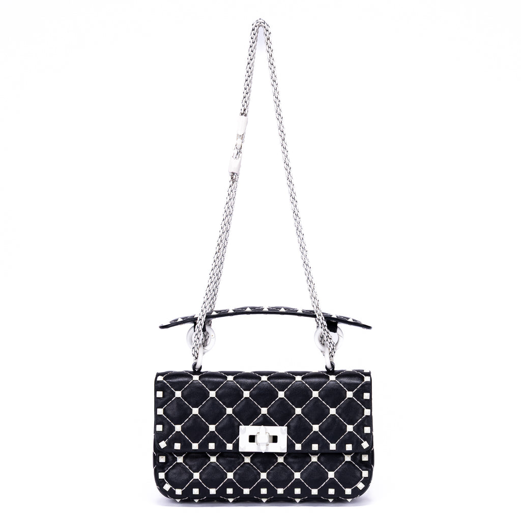 Shoulder Bag Rockstud Spike Chain Small White Pebbled Leather with Pyramid Studs