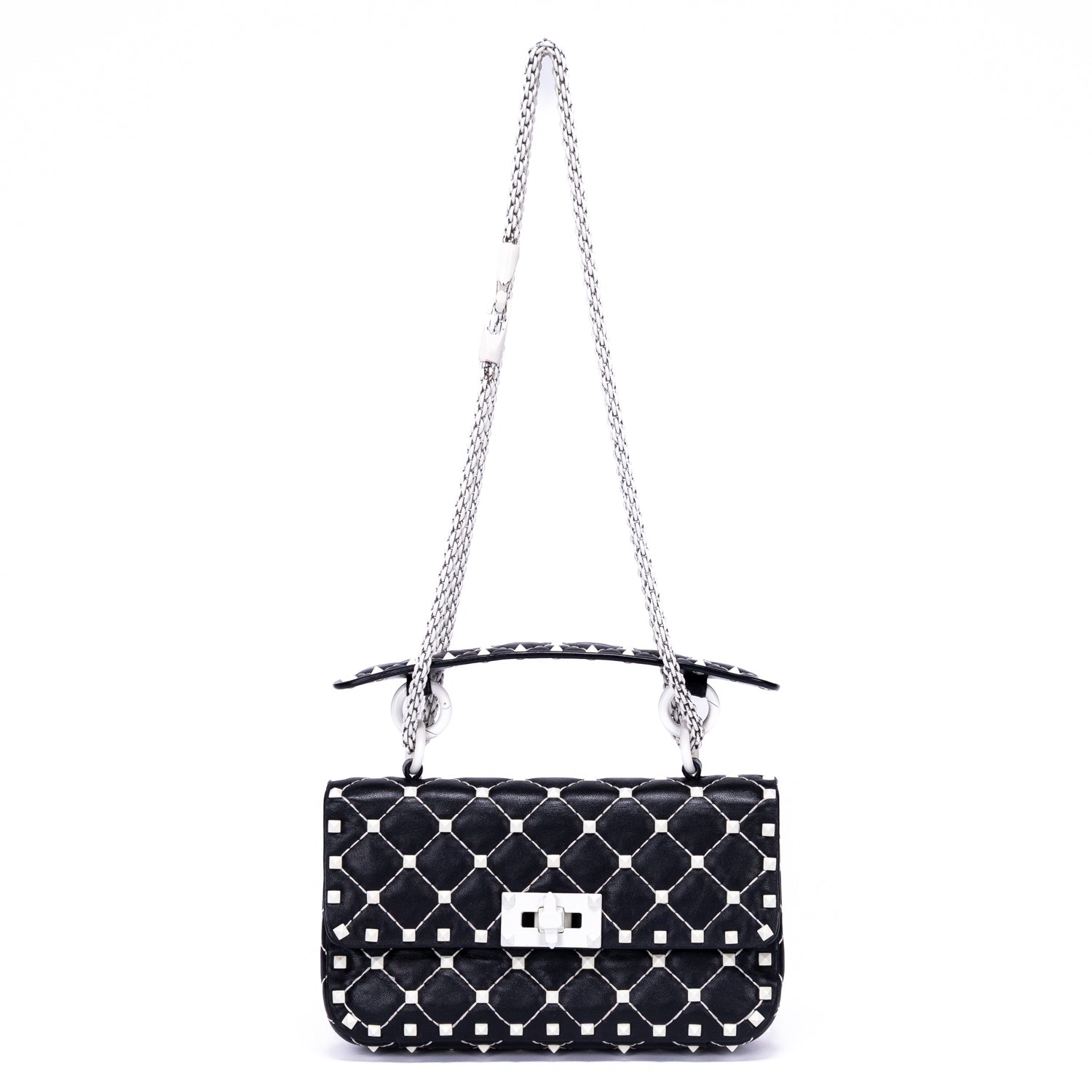 Shoulder Bag Rockstud Spike Chain Small White Pebbled Leather with Pyramid Studs