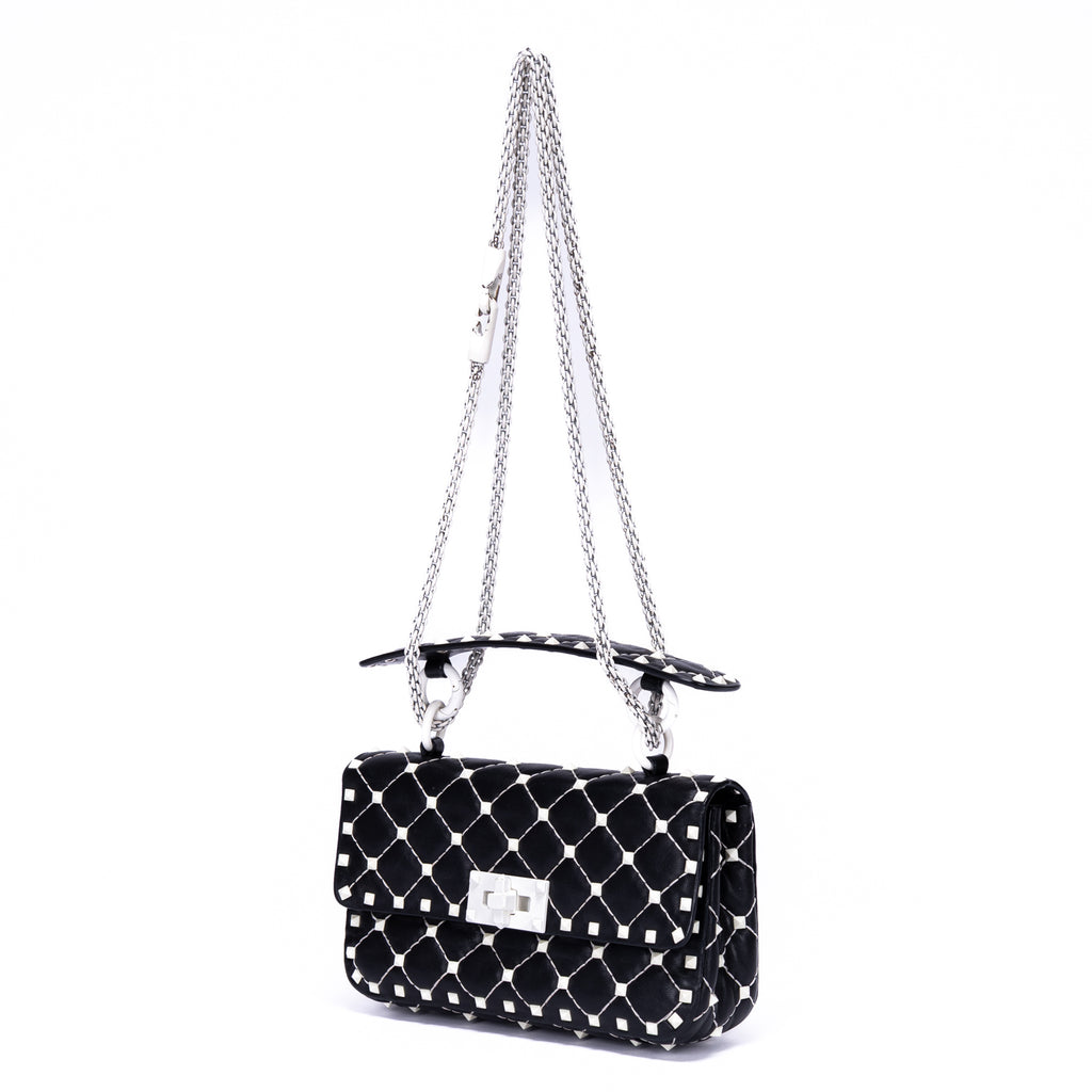 Shoulder Bag Rockstud Spike Chain Small White Pebbled Leather with Pyramid Studs