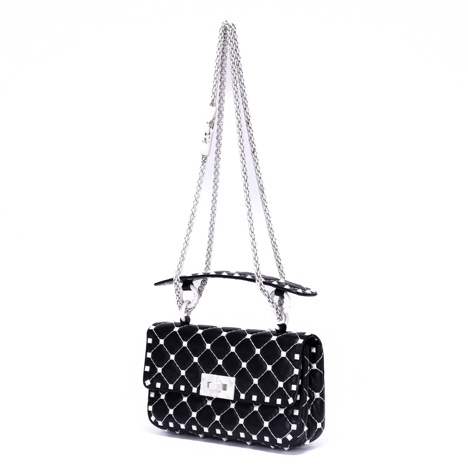 Shoulder Bag Rockstud Spike Chain Small White Pebbled Leather with Pyramid Studs