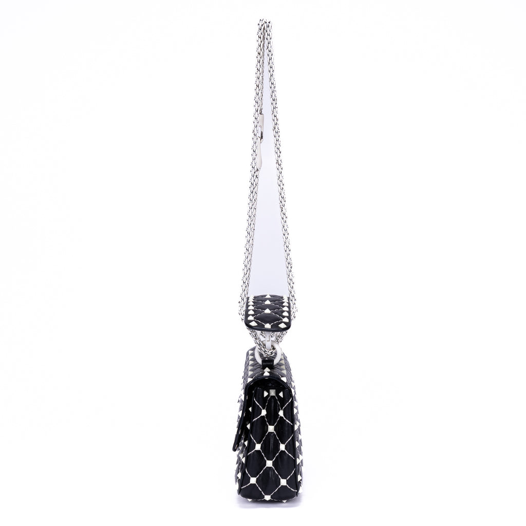 Shoulder Bag Rockstud Spike Chain Small White Pebbled Leather with Pyramid Studs
