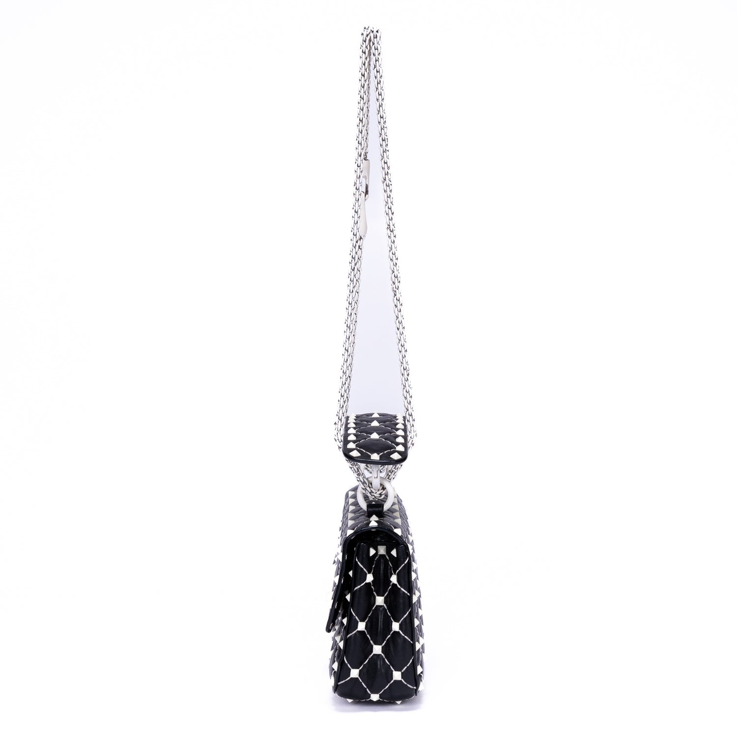 Shoulder Bag Rockstud Spike Chain Small White Pebbled Leather with Pyramid Studs