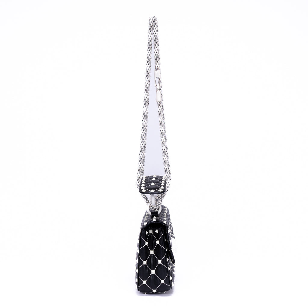 Shoulder Bag Rockstud Spike Chain Small White Pebbled Leather with Pyramid Studs
