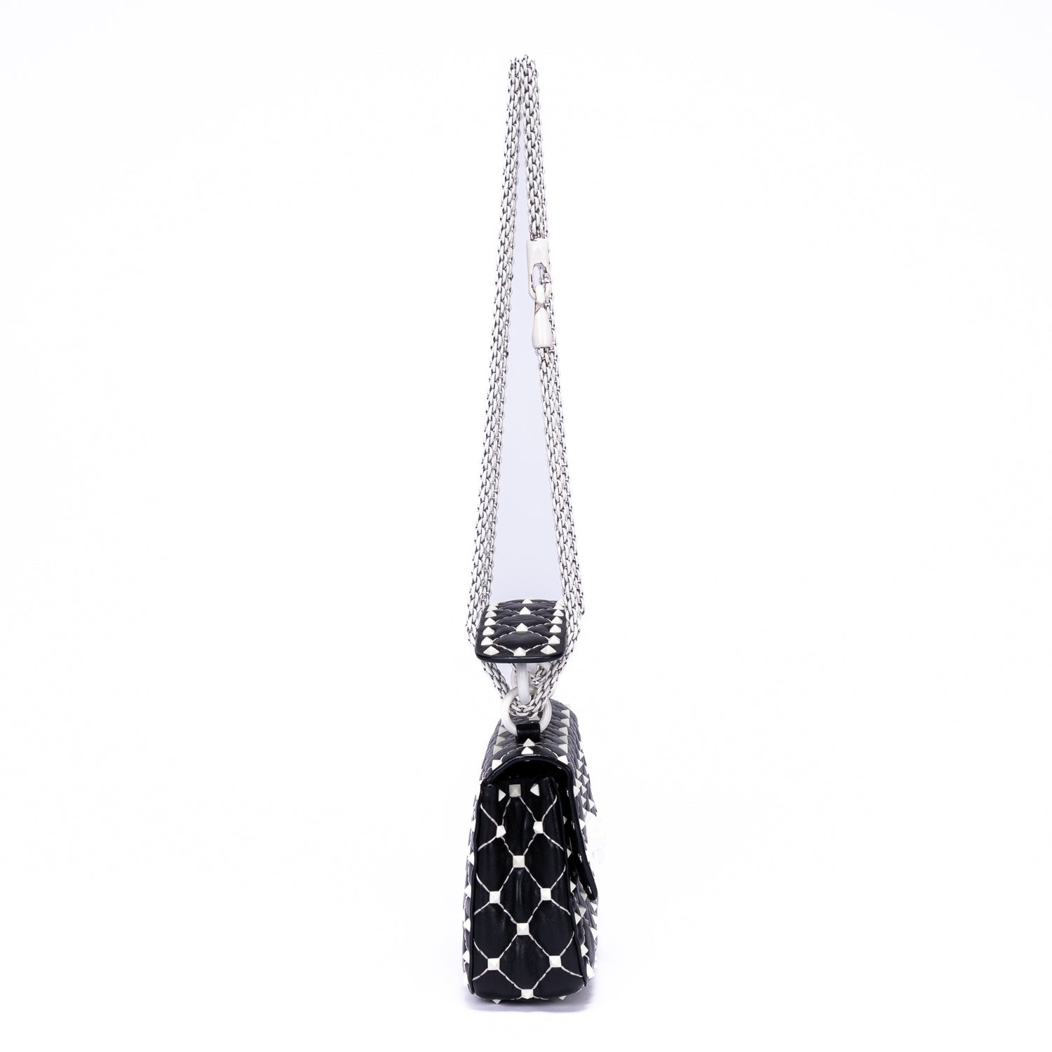 Shoulder Bag Rockstud Spike Chain Small White Pebbled Leather with Pyramid Studs